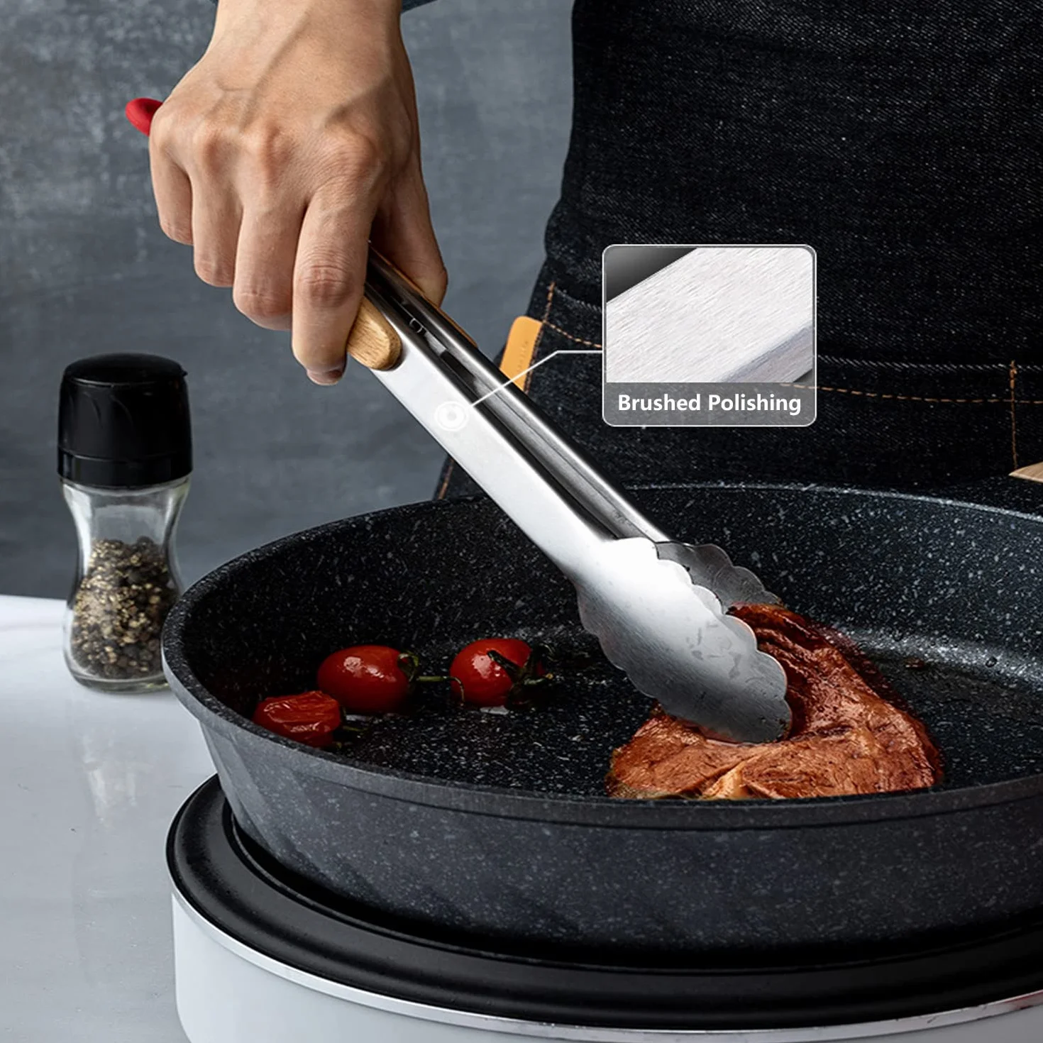 Stal nierdzewna szczypce kuchenne do grilla 2 sztuki Non-Stick Oak Wood Handle