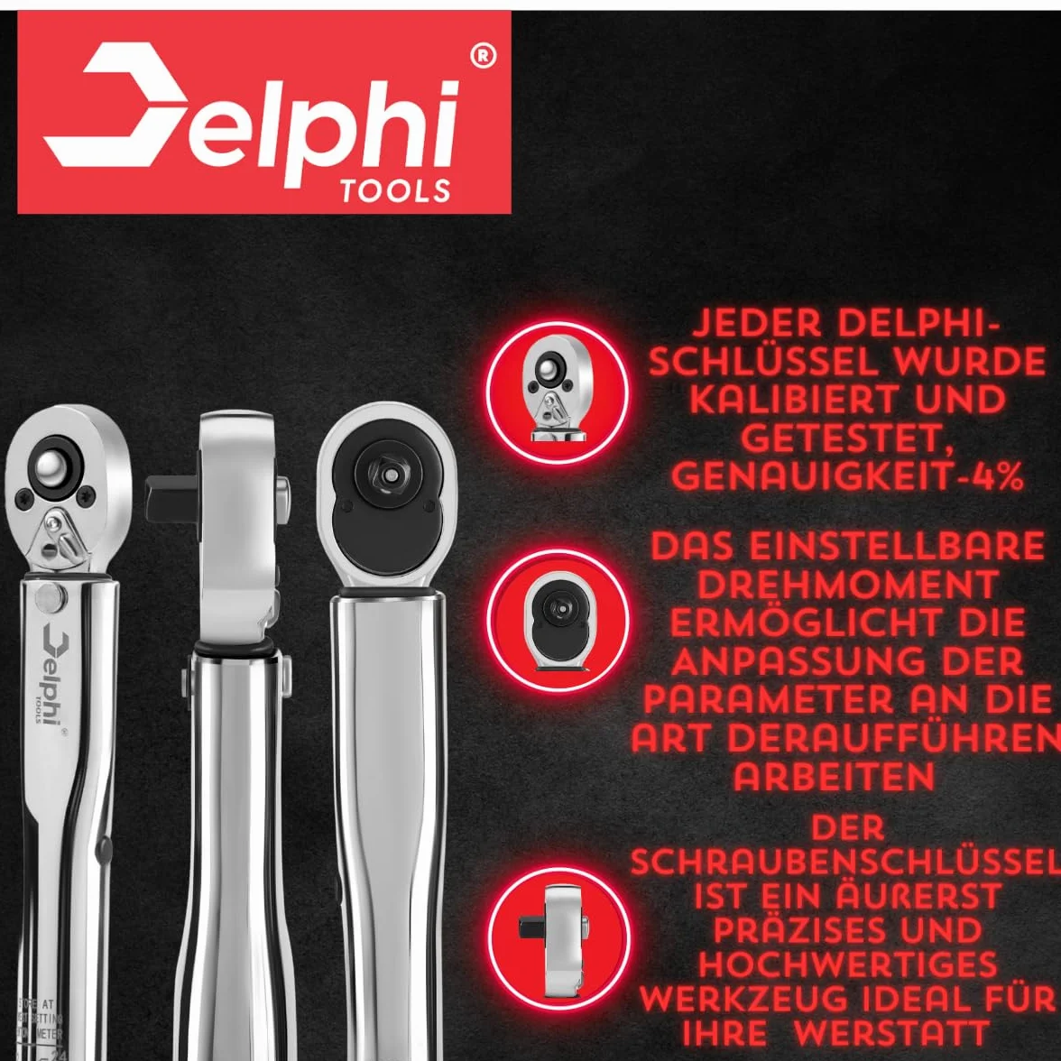 Delphi Klucz dynamometryczny 1/4 cala, 2-24 Nm ± 4%, 72 zęby, do samochodu, roweru, motocykla, opon, z rękawiczkami, pojemnik