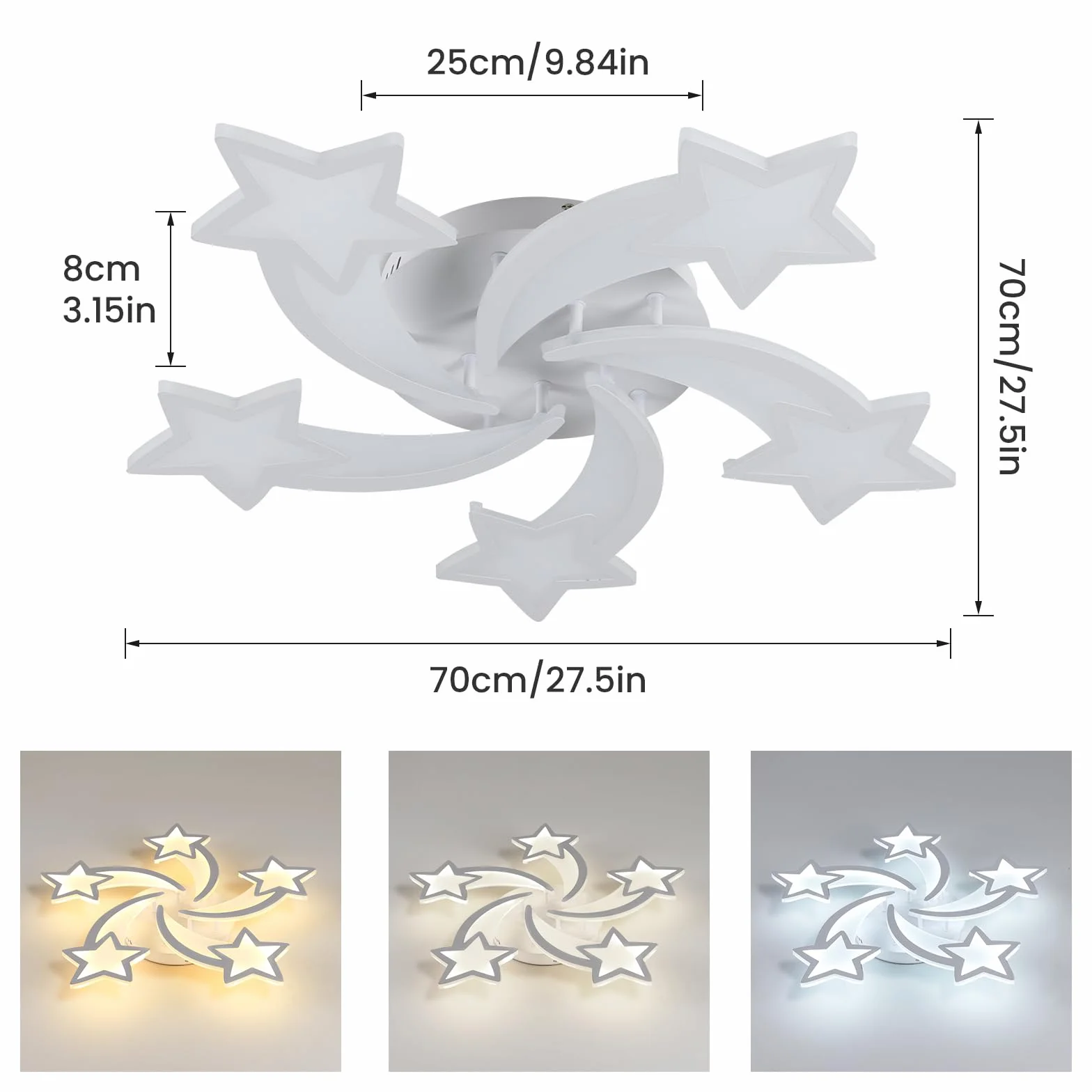 Riserva Ściemnialna lampa sufitowa LED, 50W 6000LM Nowoczesna lampa sufitowa z pilotem/APP, 3000-6500K Φ70cm, Akrylowy żyrandol w kształcie 5 gwiazdek do sypialni, salonu