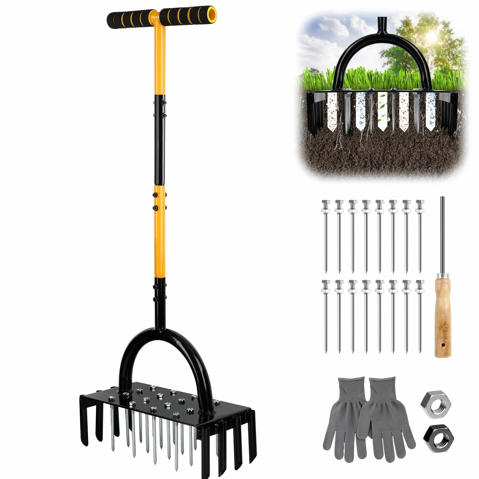 Aerator do trawnika 96 cm Ręczny napowietrzacz ziemny z uchwytem T 17 kolcami stalowymi