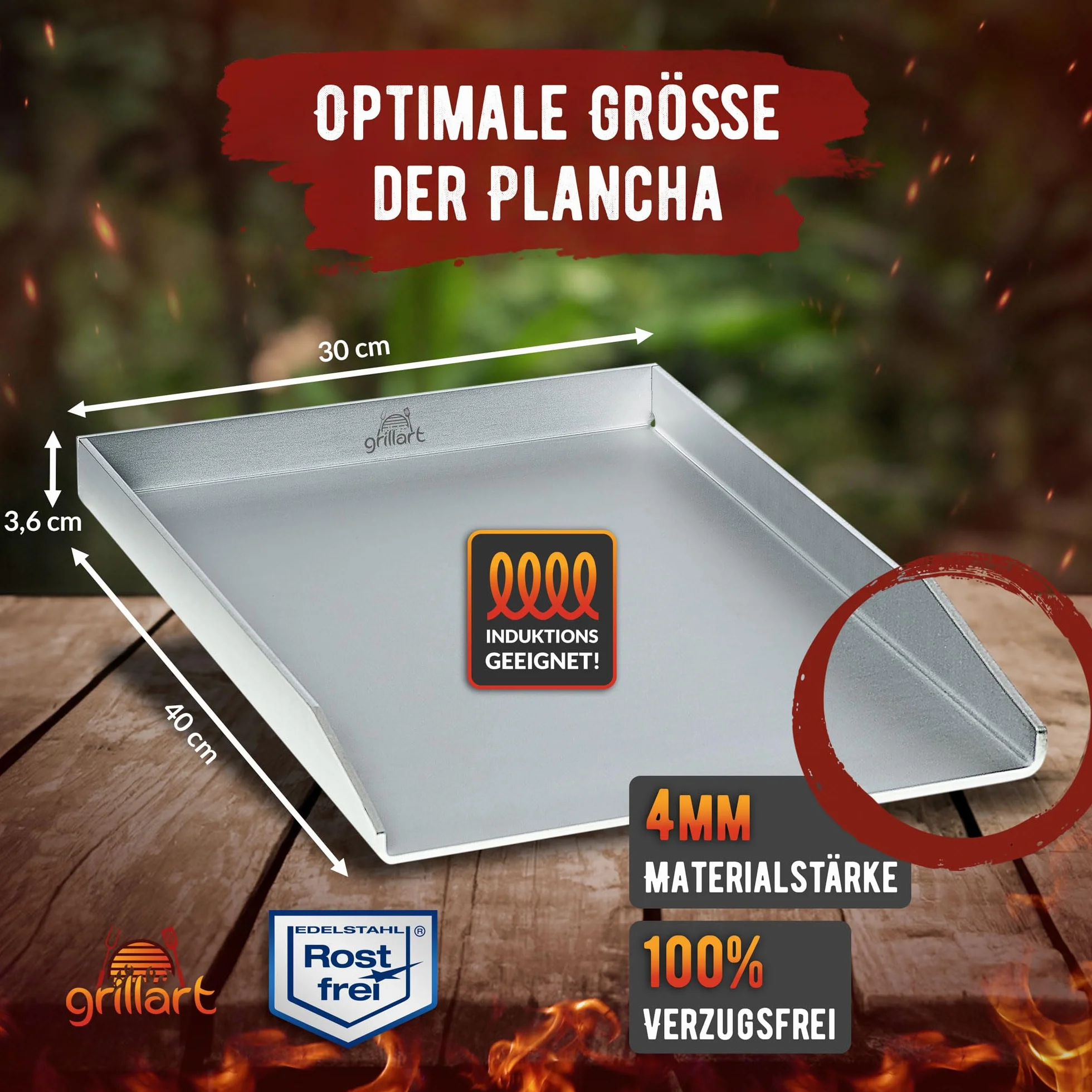 Grillart Premium Plancha grillowa ze stali nierdzewnej 4 mm 30 x 40 cm do kuchenek indukcyjnych