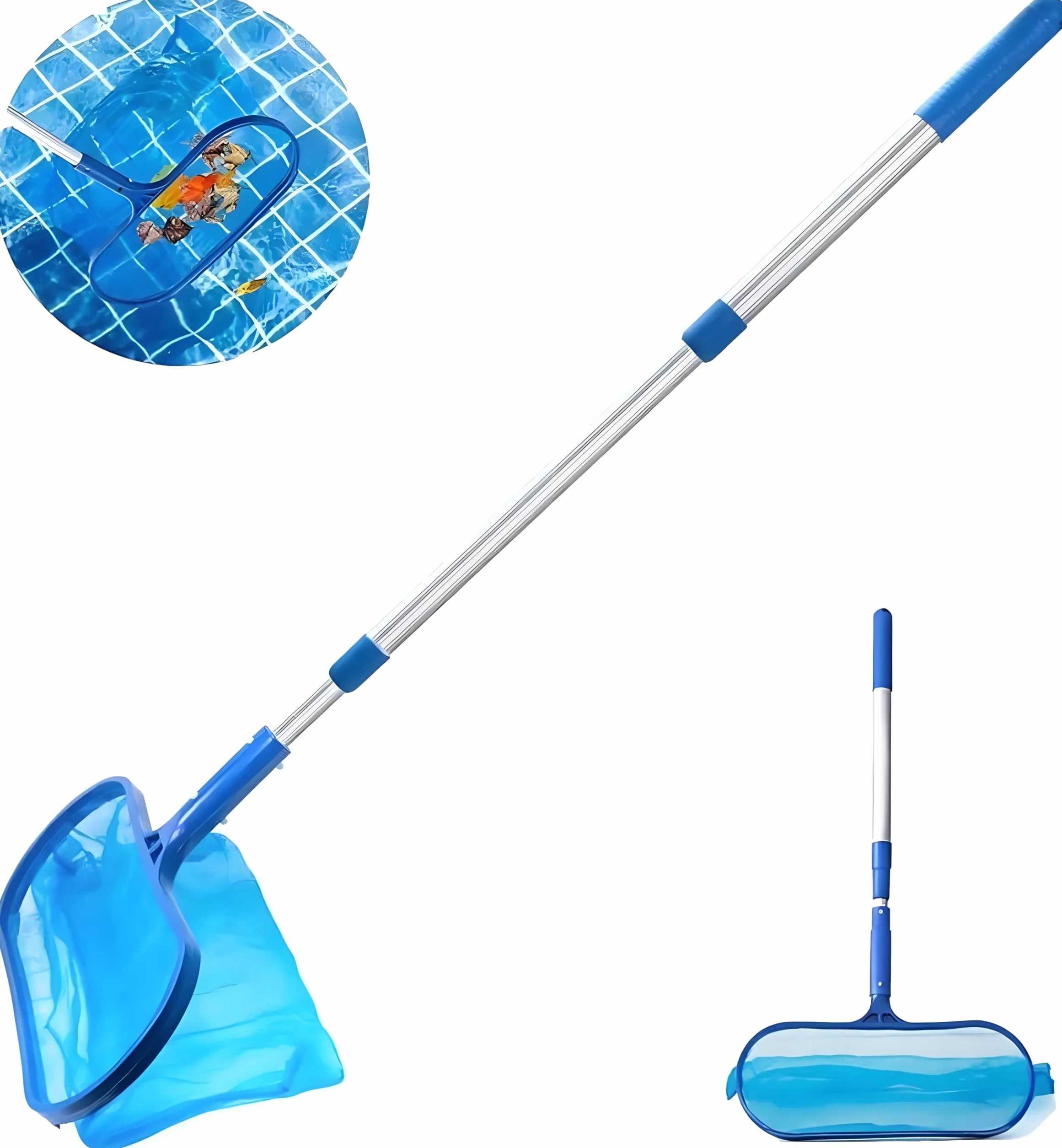 Voarge Zestaw siatek basenowych, drążek teleskopowy + 34 cm głębokości, podbierak do stawu, z drążkiem teleskopowym i gumową rękawicą, do basenu, stawu, spa, akwarium, brodzika, jacuzzi