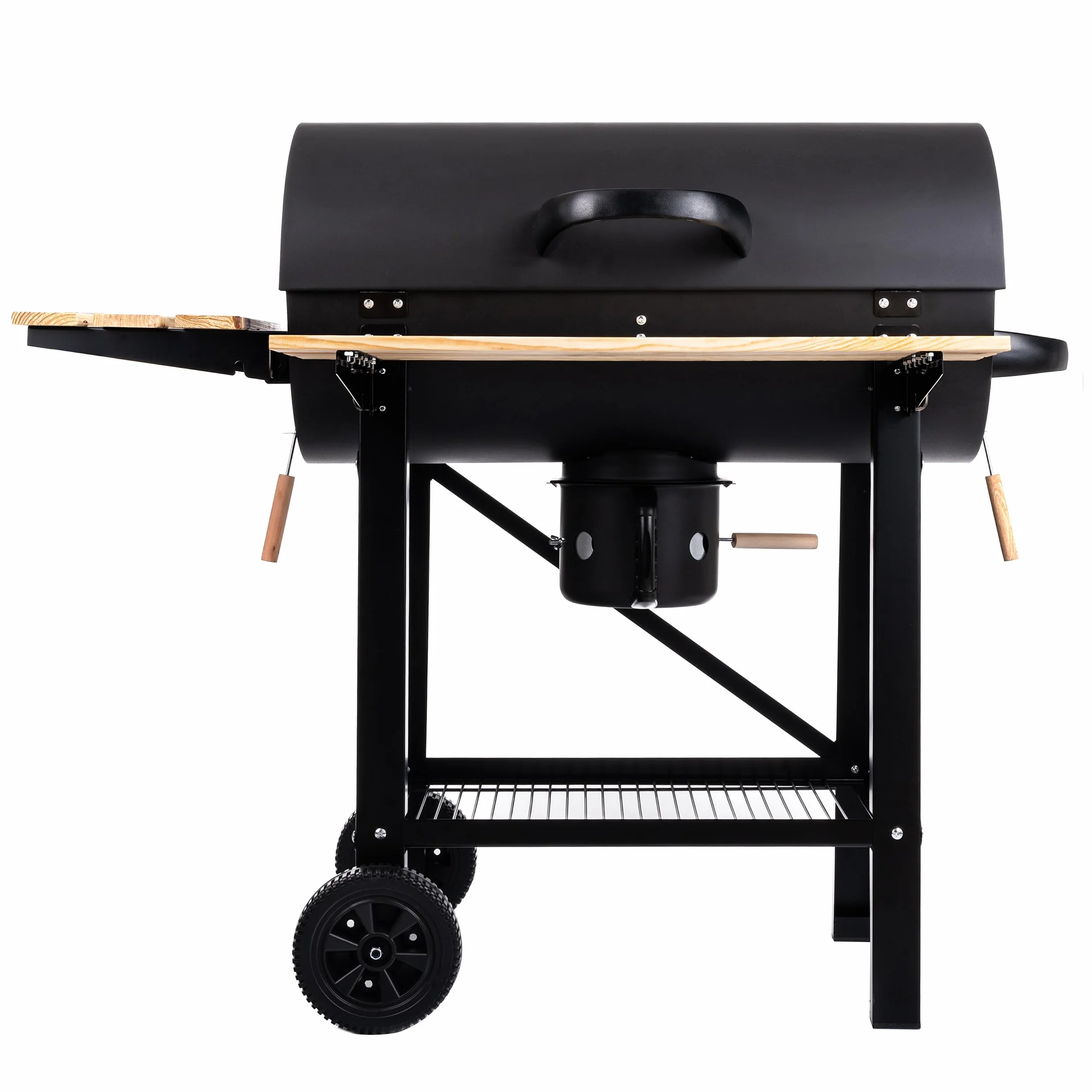 LEHMANN Grill węglowy z rusztem do gotowania, XL, z dwiema drewnianymi półkami, pokrywą, kółkami i nieogrzewanym uchwytem, grill węglowy do ogrodu, na taras, kemping