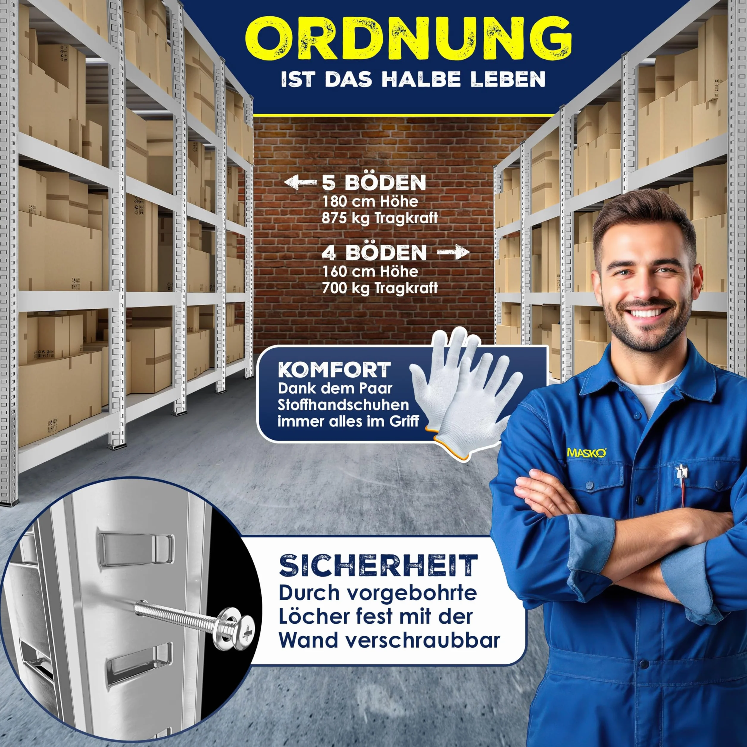 MASKO® Zestaw 2 regałów magazynowych do dużych obciążeń, regały piwniczne, nośność do 875 kg, 5 regulowanych półek, płyty MDF Regały metalowe, regały bez śrub, regały warsztatowe, piwnica, garaż