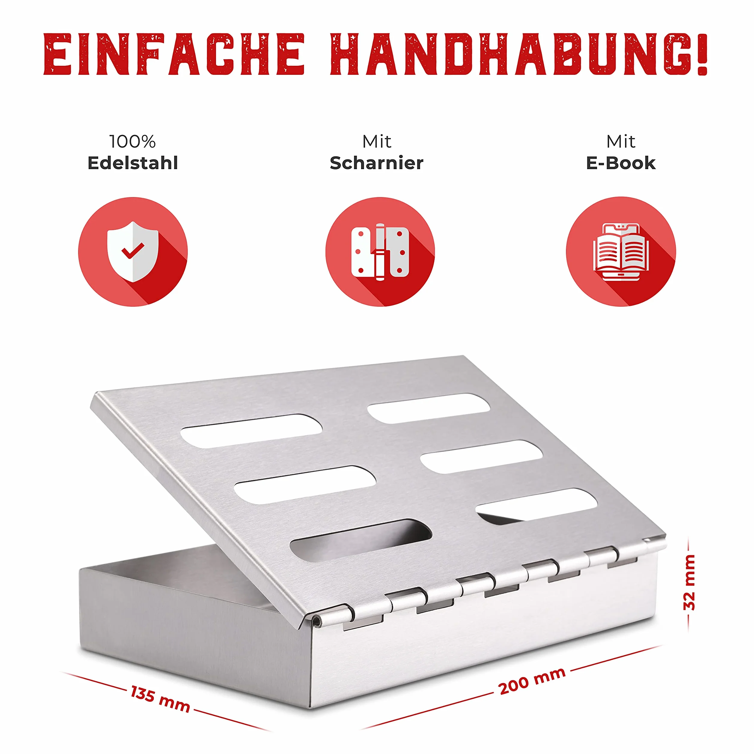 Räucherphorie® Räucherbox - Premium skrzynka wędzarnicza ze stali nierdzewnej + E-Book - Wędzarnia BBQ w wersji premium do grilla gazowego, elektrycznego lub na węgiel drzewny (RB1)