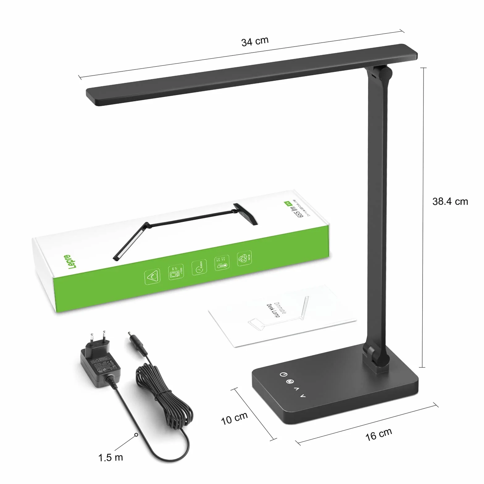 Lepro Lampa biurkowa z portem USB 655 lm, lampa biurkowa 15 W z adapterem, 3 tryby kolorów i 5 poziomów jasności, możliwość ściemniania, antyodblaskowa, do czytania, manikiurzystki, czarna