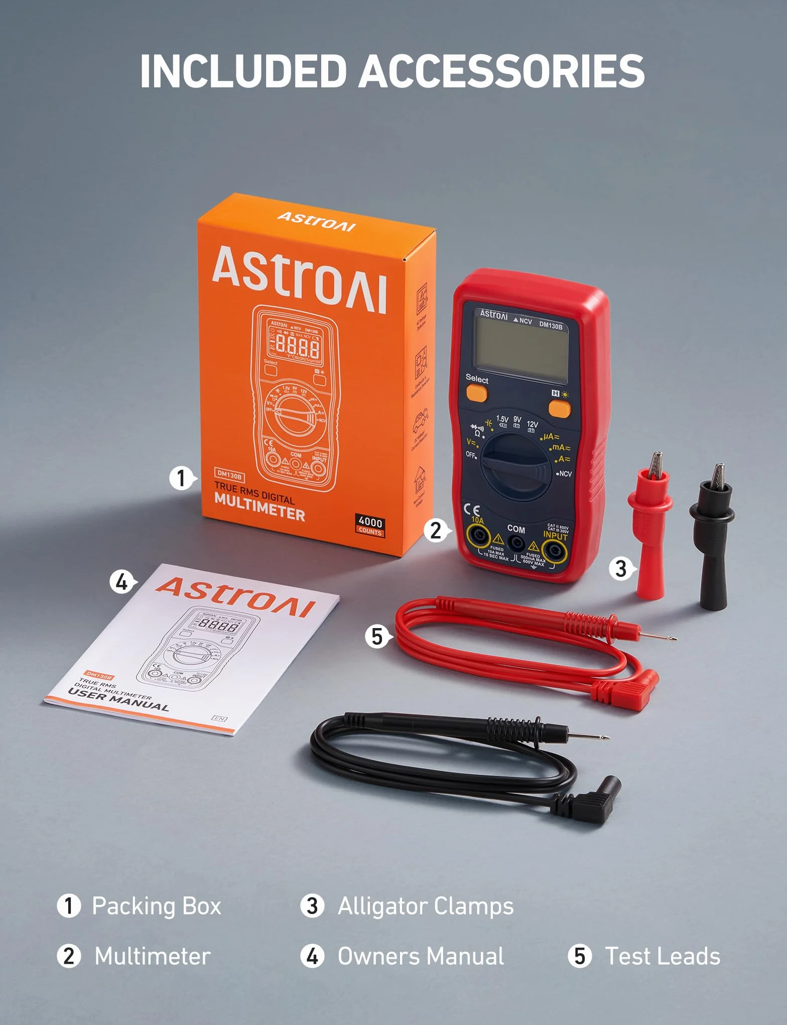 AstroAI Miernik cyfrowy, 4000 zliczeń, automatyczny tester, multitester, DMM, omomierz, woltomierz, 1,5 V, 9 V, 12 V, tester napięcia akumulatora z funkcją bezdotykową