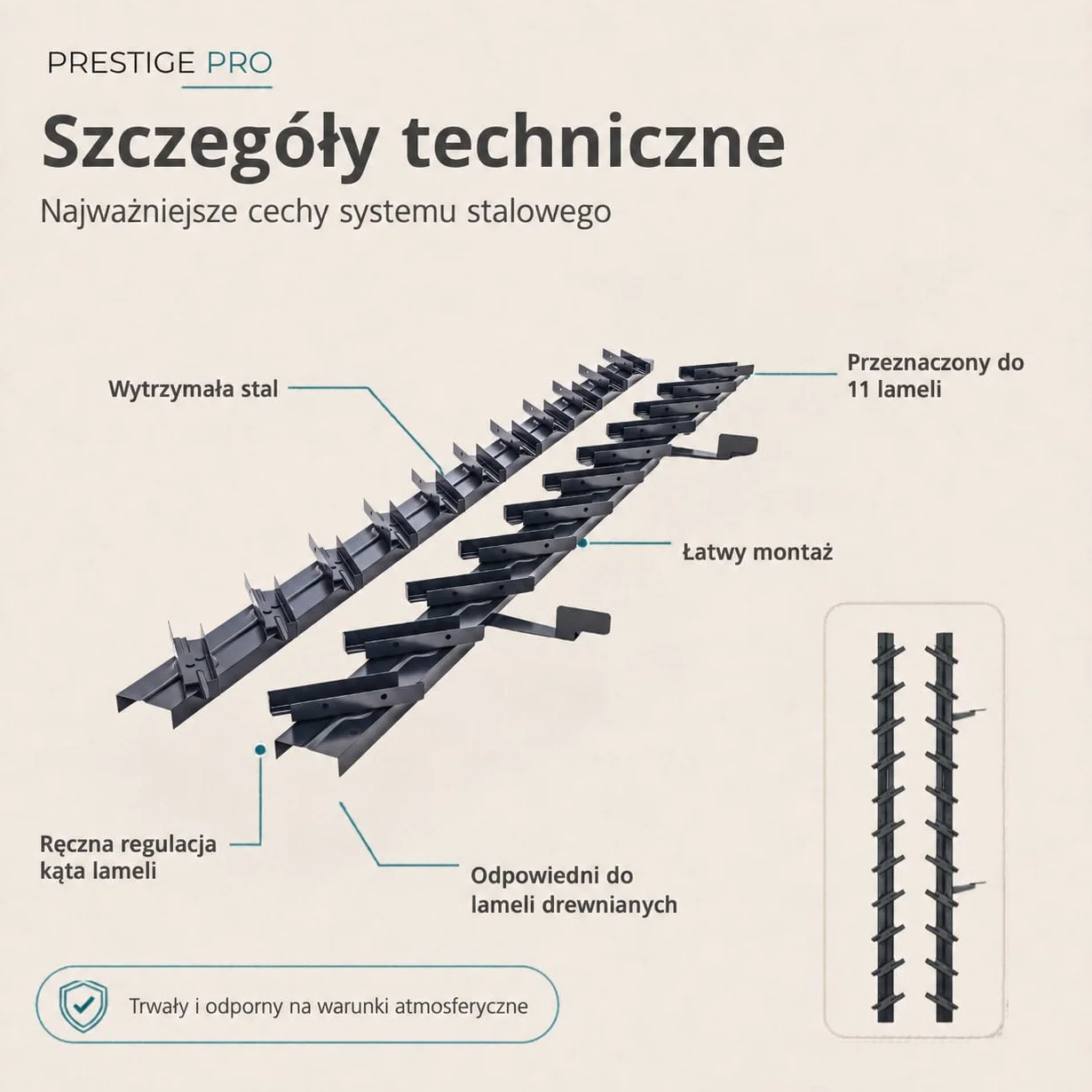Prestige Ostaszewska system ruchomych deseczek do ogrodu na 11 lameli | 100 cm | Brązowy | Zestaw do żaluzji i rolet | System rolet tarasowych, ruchome panele, stal ocynkowana