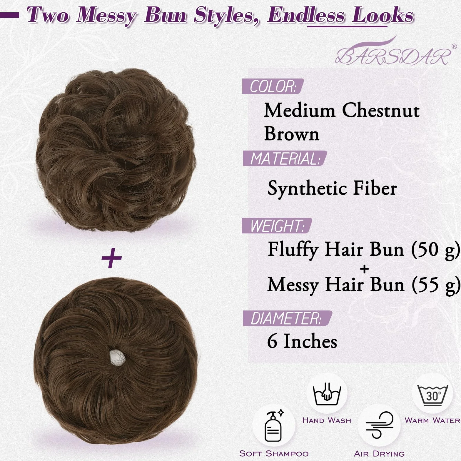 BARSDAR 2 sztuki treski Messy Bun z gumową taśmą, przedłużenie włosów dla kobiet, syntetyczne włosy, wysoko upięte fryzury, grube włosy, przedłużanie włosów, średni kasztanowy brąz, 2 sztuki