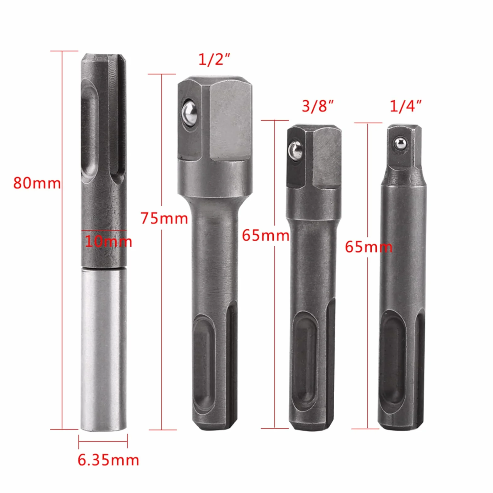4 szt. Adapter gniazda wiertarskiego, adapter gniazda sześciokątnego SDS Plus Shank-1/4in i adapter wiertła kwadratowego 1/4 cala 3/8 cala 1/2 cala, adapter SDS do wiertarek