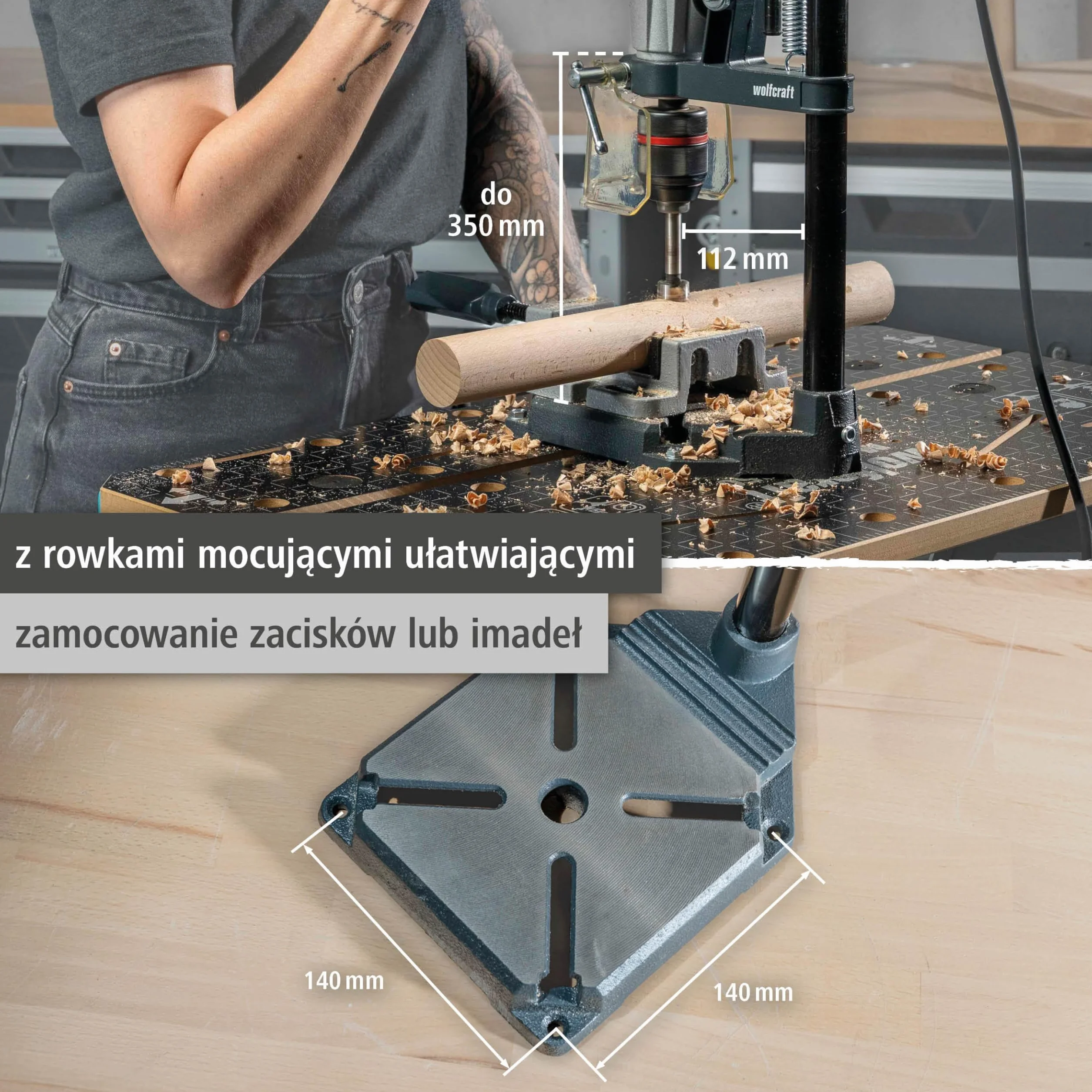 wolfcraft Stojak wiertarski SOLID – kompaktowe rozwiązanie do wiercenia o ograniczonej głębokości – wysięg 112 mm i skok 55 mm – 5028000
