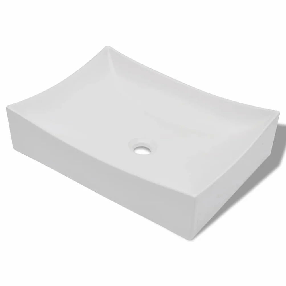 Błyszcząca biała umywalka ceramiczna do montażu na górze | Nowoczesny design, skośne ściany boczne, płaskie dno, odporne na zarysowania, łatwe do czyszczenia
