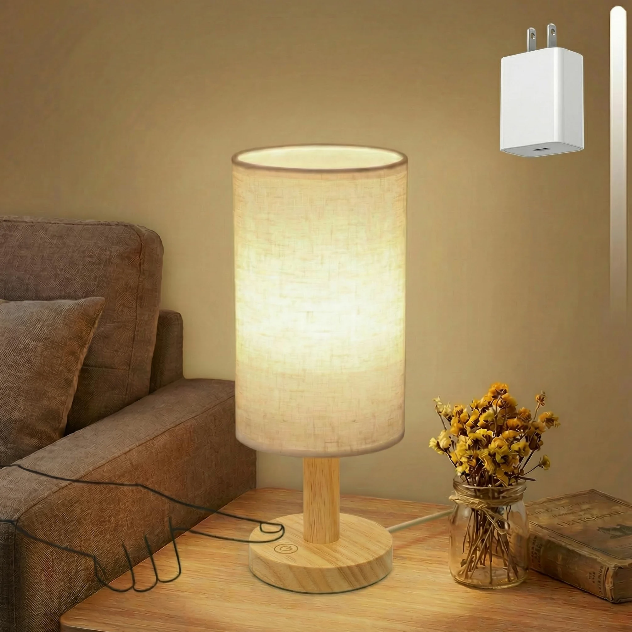 Dotykowa lampa na stolik nocny z zasilaniem USB, bezstopniowe ściemnianie, 2700 K, ciepła lampka nocna, minimalistyczna drewniana podstawa, lniany klosz, boho lampka nocna do sypialni, przedszkola
