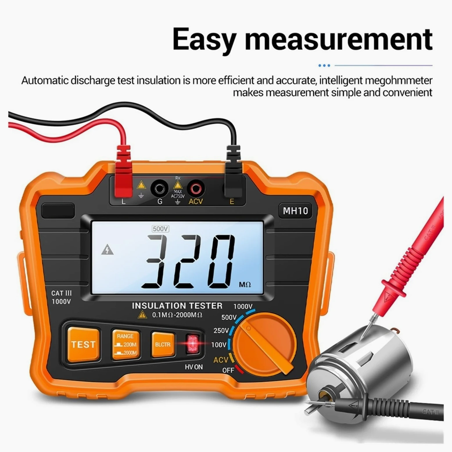 Cyfrowy Megaomomierz Do Pomiaru Rezystancji Izolacji, Miernik Uziemienia, Automatyczne Rozładowanie Napięcia AC/DC, Tester LCD Wysoka CzułOść(Orange)