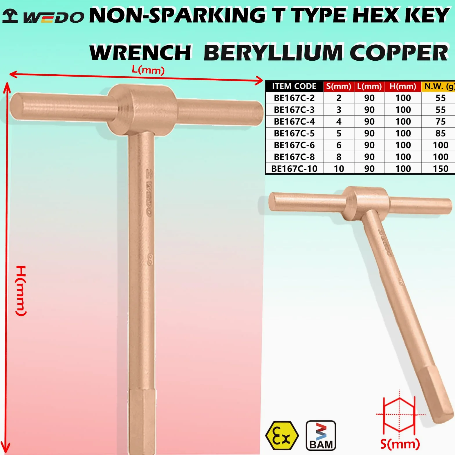 WEDO Nieparkingowy klucz imbusowy typu T, klucz bezpieczeństwa bez iskier, miedź berylowa, standard DIN, certyfikat BAM i FM, 0,25 cala, szerokość 6 mm