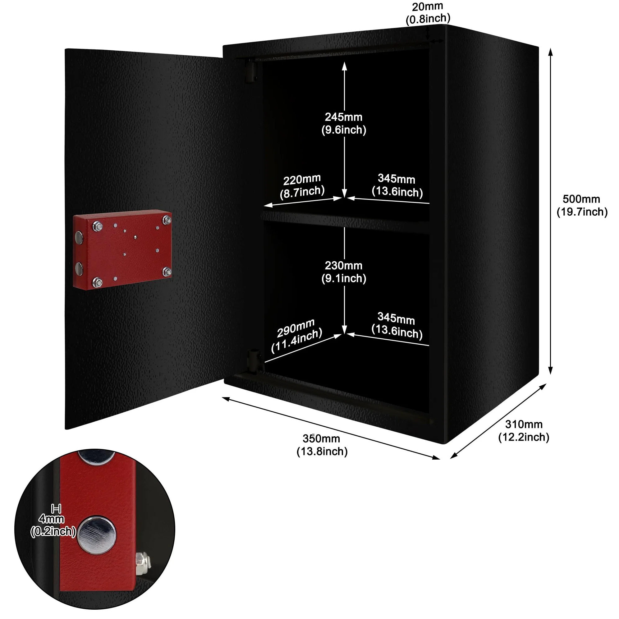 YRHome Sejf meblowy, sejf w rozmiarze XL, 35 x 31 x 50 cm, z 2 zamkiem na klucze i śrubami mocującymi, sejf podłogowy, ścienny, szafka na pieniądze, kolor czarny