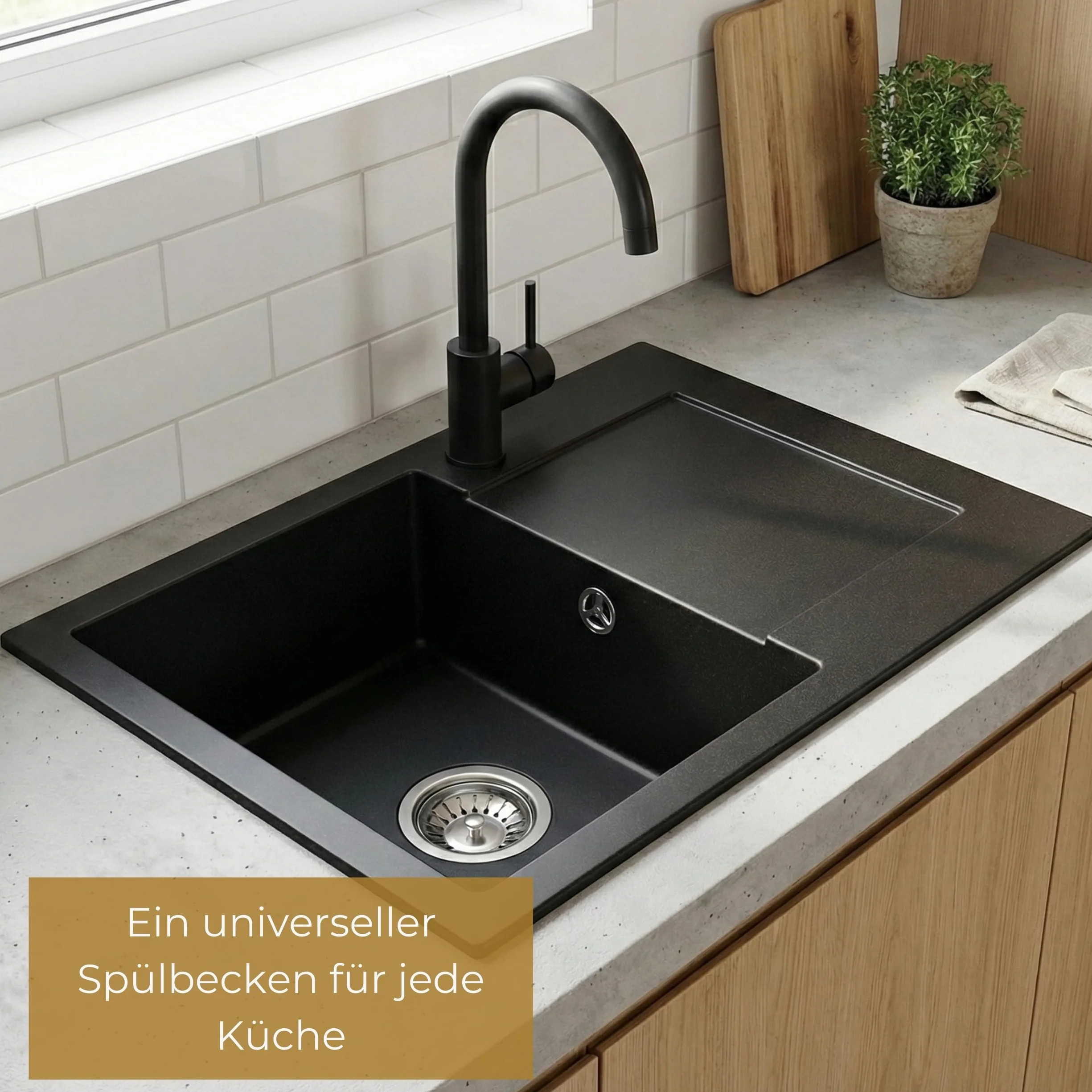 SINK QUALITY zlewozmywak granitowy czarny cętkowany z armaturą 58 x 47 – zlewozmywak z syfonem i środkiem impregnującym – zlewozmywak kuchenny czarny nakrapiany z ociekaczem do szafki pod umywalkę 50