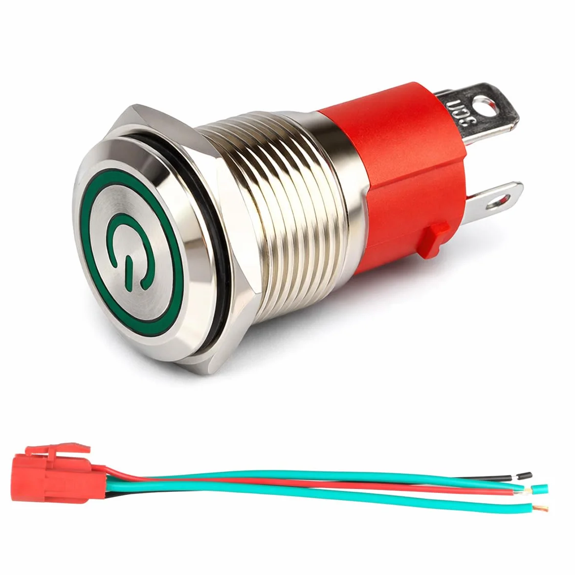 GUUZI 12V-24V/15A Zatrzaskowy Przełącznik Przyciskowy NO, Wodoodporny Zielony LED Oświetlony 16mm Metalowy Przycisk Uruchamiania Zasilania z Przewodem z Wtyczką Gniazda