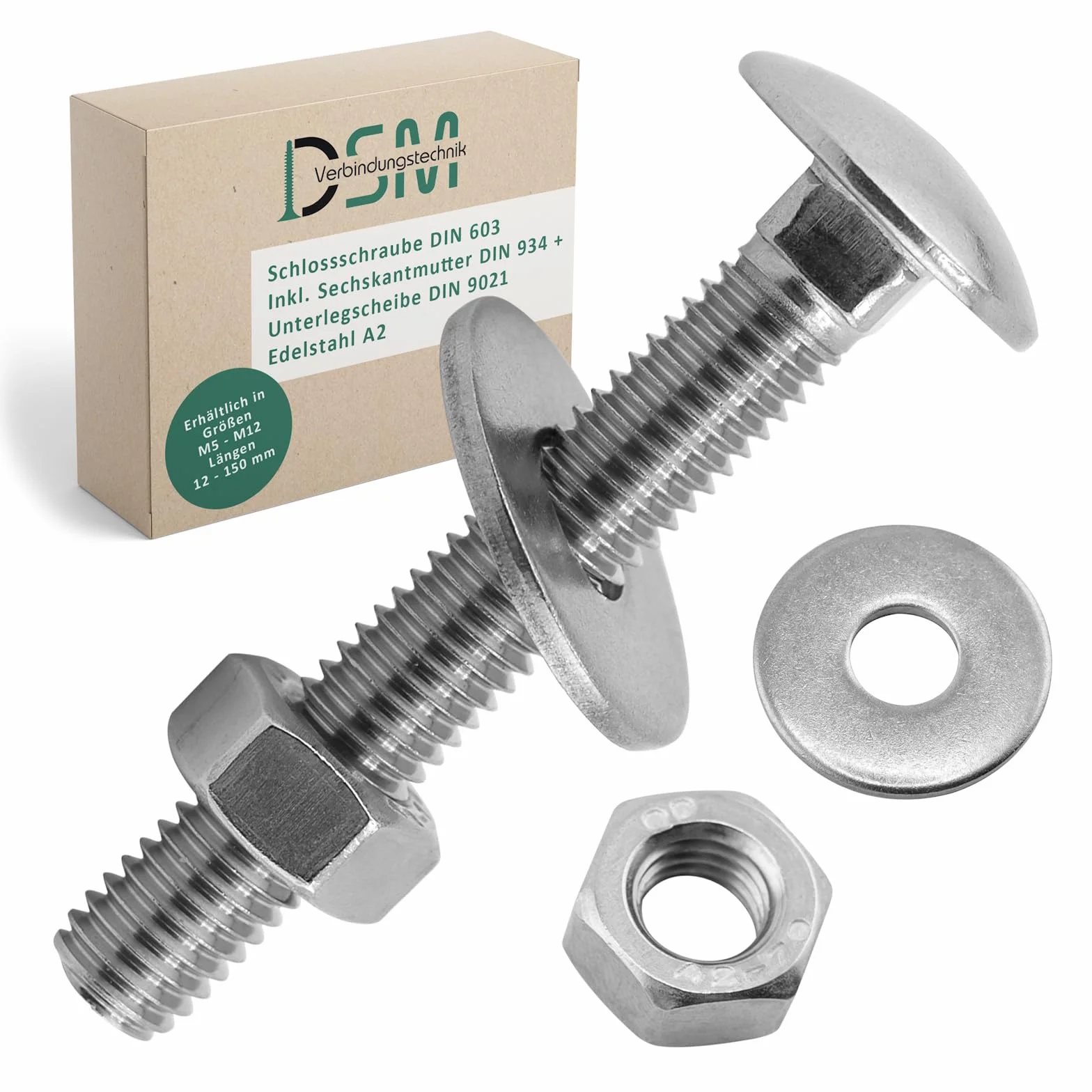 DSM ? Śruby zamkowe M12 x 80 mm zgodnie z DIN 603 ? w zestawie nakrętka sześciokątna M12 DIN 934 i podkładka DIN 9021 ? Stal nierdzewna A2/V2A ? Śruby z łbem płaskim z nasadką czworokątną ? 5 sztuk