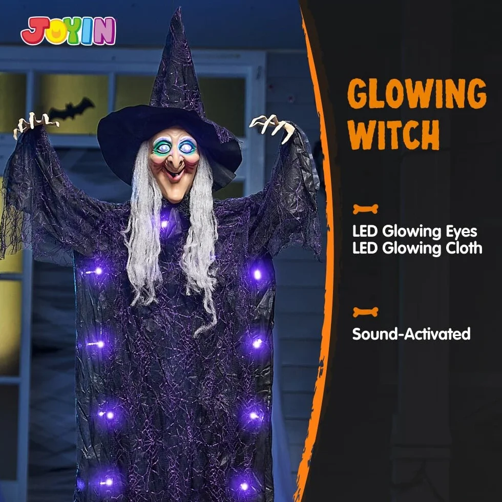 JOYIN Dekoracje na Halloween 183 cm do wnętrz wisząca gadająca czarownica wystrój, świecący duch z fioletowymi oczami aktywacja dźwiękiem nawiedzony dom artykuły imprezowe rekwizyt