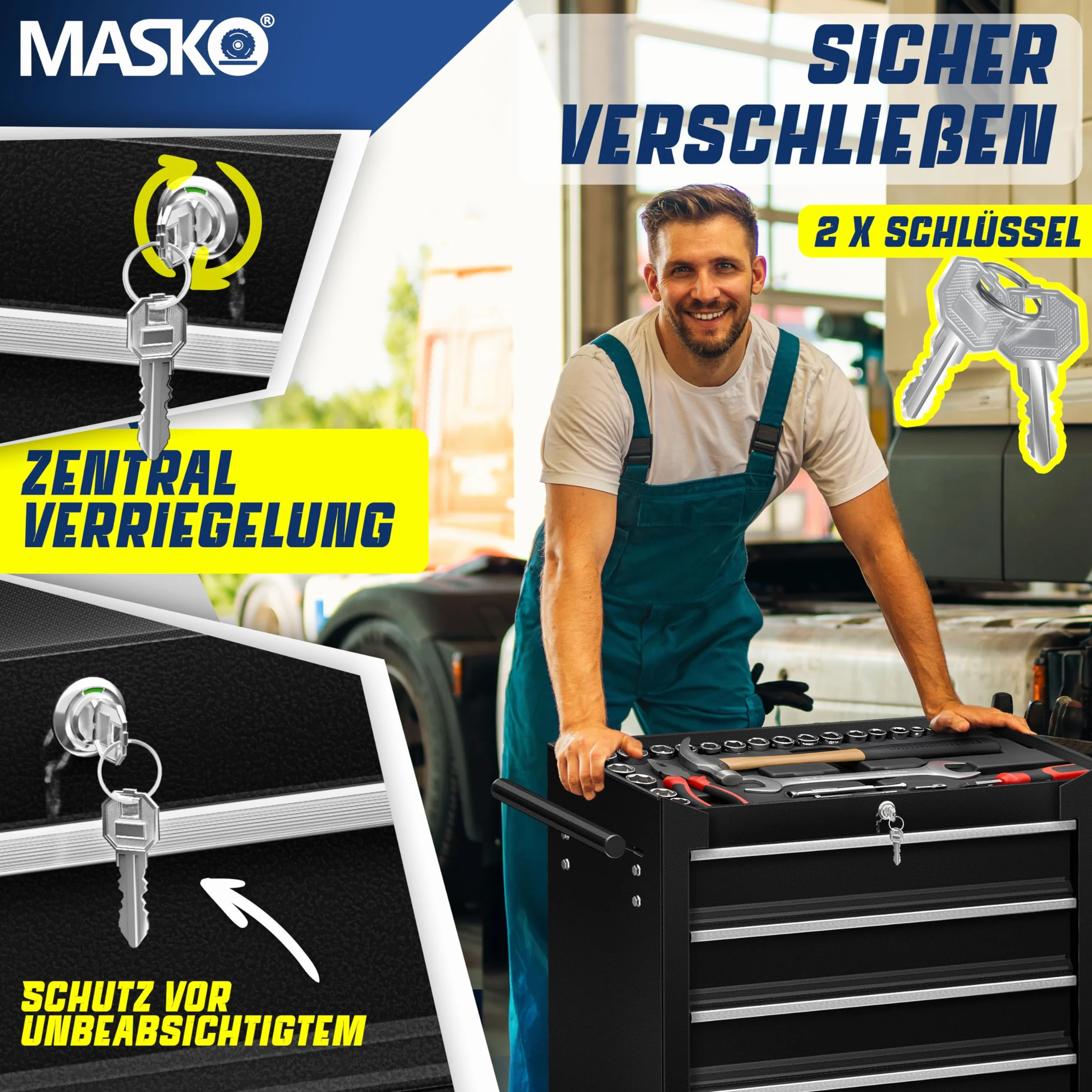 MASKO Wózek warsztatowy – 5 szuflad, czarny | zamykany | lity metal | mobilny wózek narzędziowy bez narzędzi | profesjonalny wózek warsztatowy | wózek do przechowywania narzędzi z zamkiem |