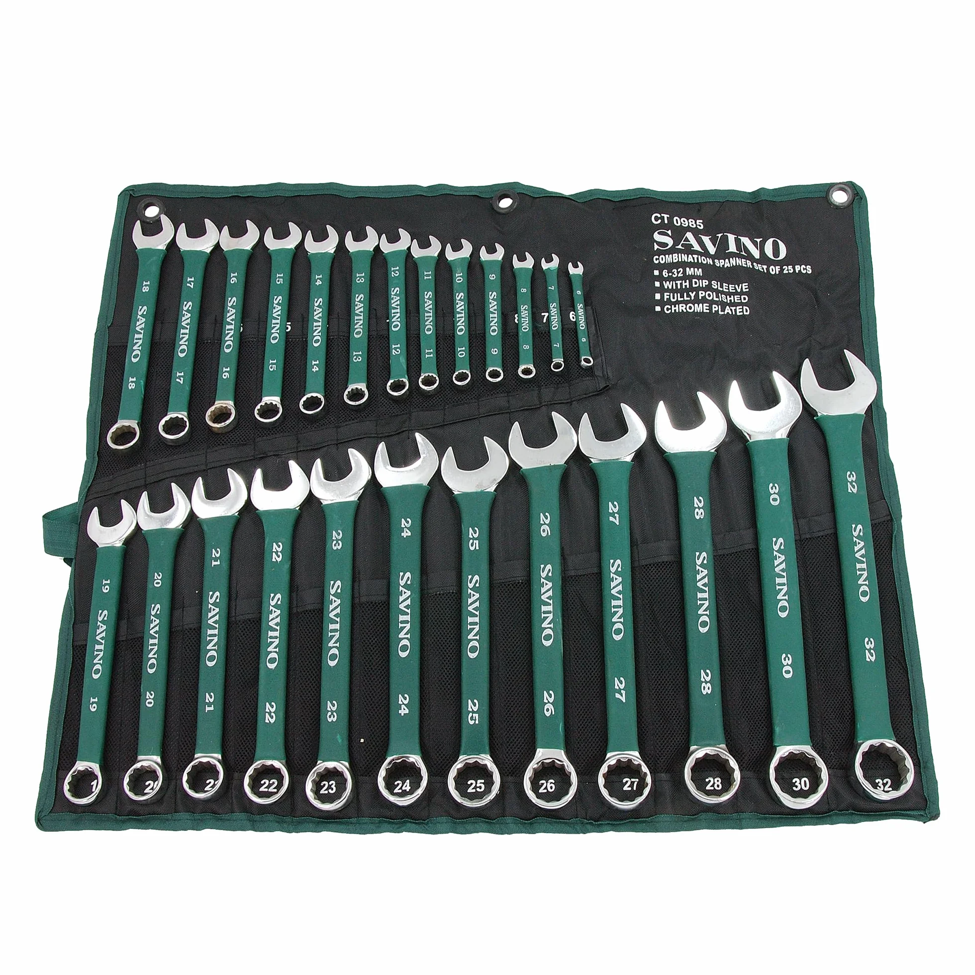 Neilsen Savino CT0985 zestaw kluczy płasko-oczkowych, zielony, 6 mm do 32 mm, z zanurzonymi uchwytami i portfelem, trwały i wszechstronny zestaw kluczy do motoryzacji, majsterkowania i zastosowań