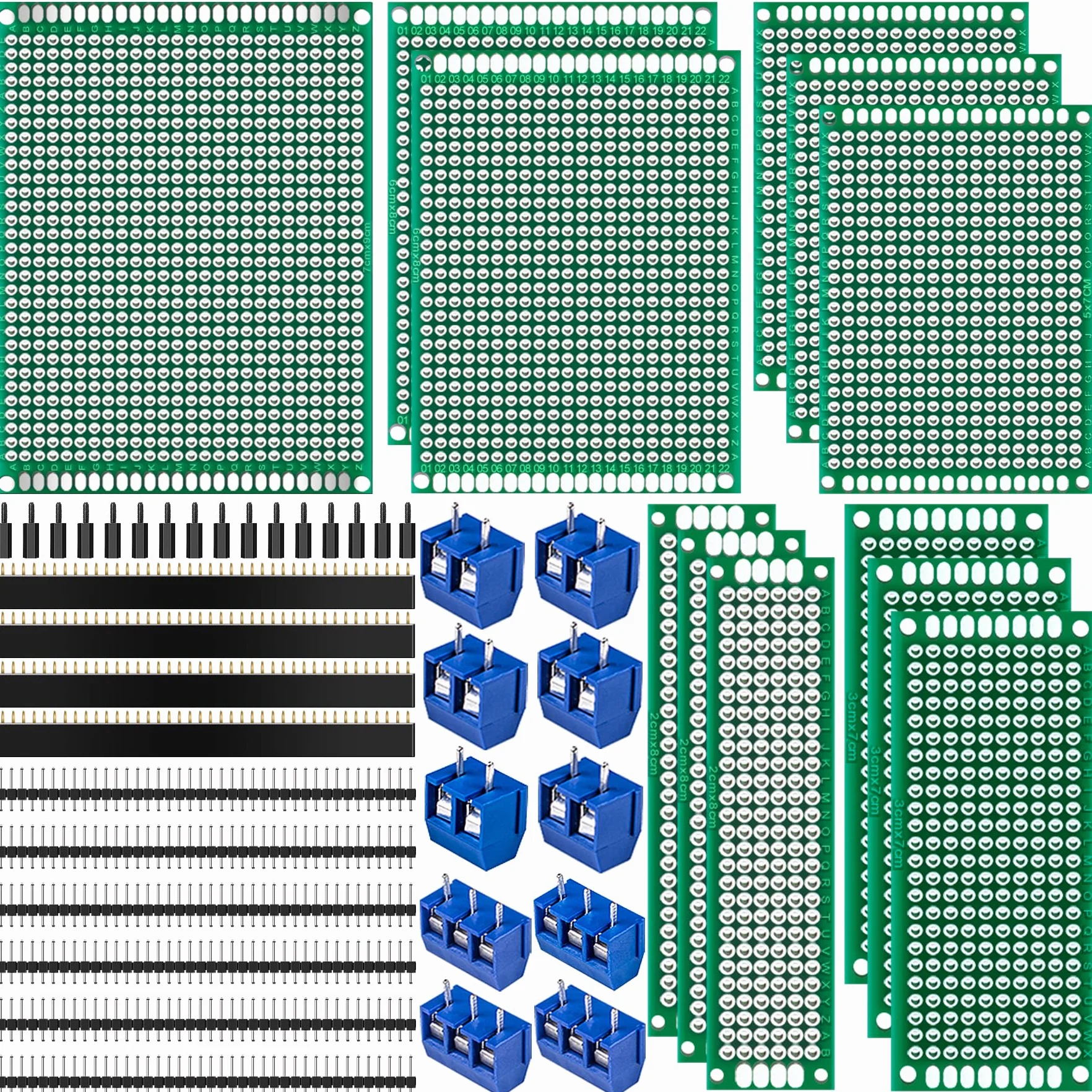 Miuzei Zestaw 48 PCB PCB 12 uniwersalnych dwustronnych kart prototypowych do lutowania z 10 zaciskami śrubowymi 2 i 3-pin10 złączami męskimi/żeńskimi i 16 nylonowymi kolumnami