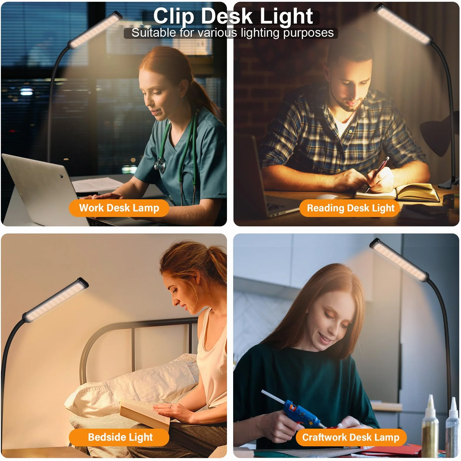 Lampa biurkowa LED, lampa do czytania-3 tryby oświetlenia i 10 poziomów jasności, lampa nocna, 6 W z adapterem USB, 70 cm elastyczny 360° do czytnika, łóżka, biura