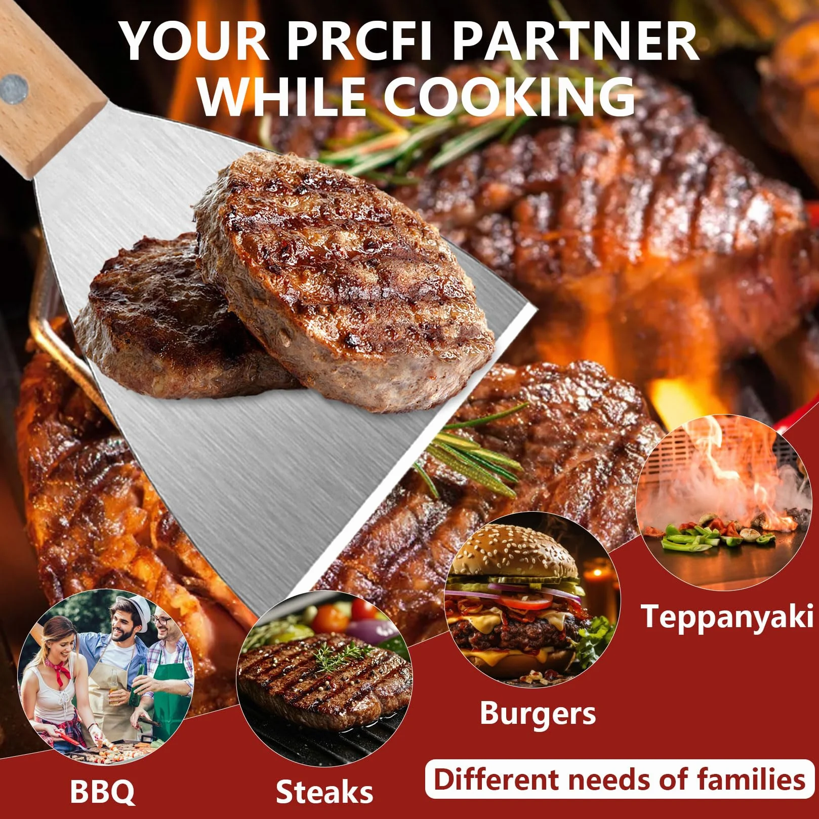 Zestaw spachtel z nierdzewnej stali do grilla BBQ, drewniany uchwyt do burgerów