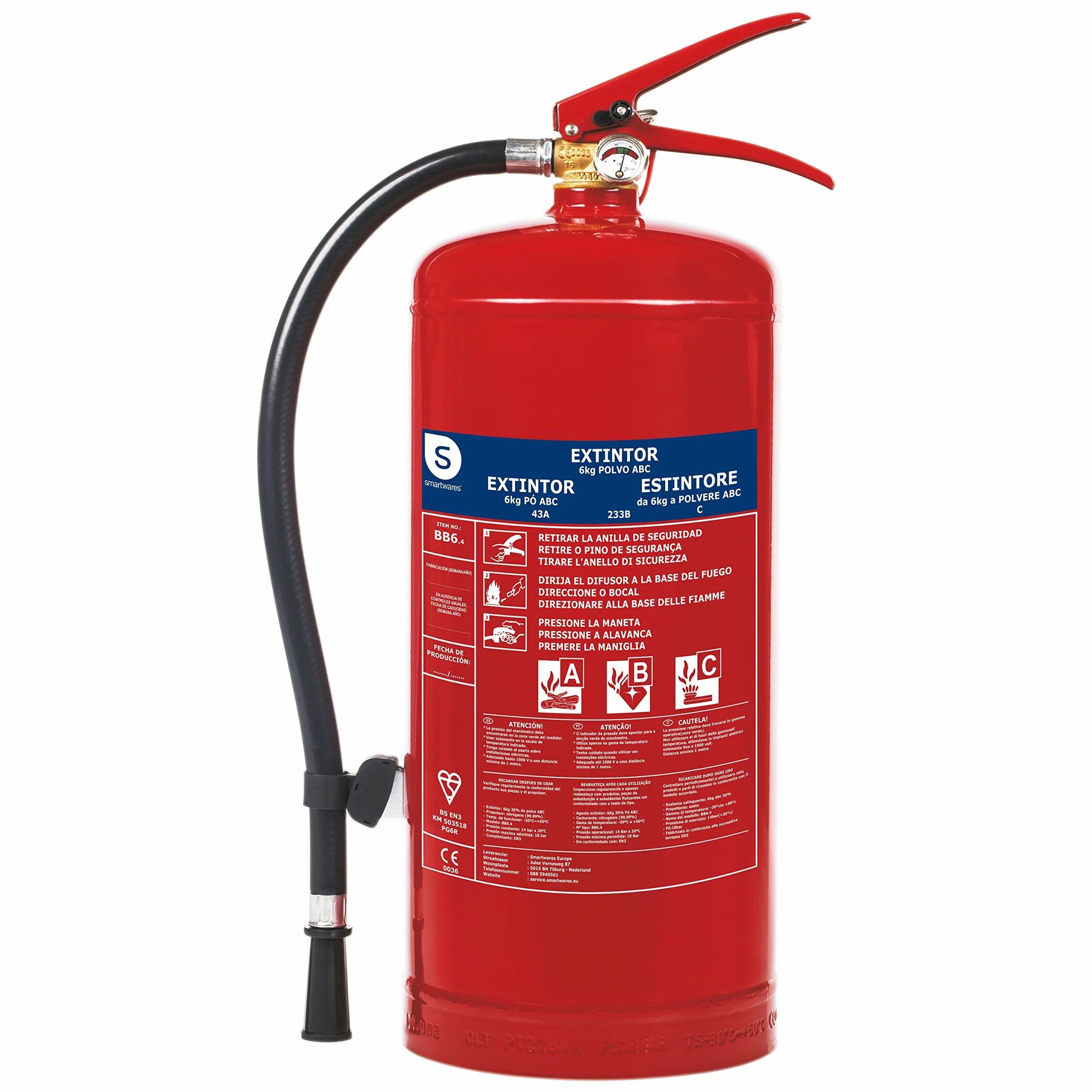 Smartwares Gaśnica przeciwpyłowa - 6 kg - do pożarów ABC - Nadaje się do dużych pojazdów i domów - w zestawie uchwyt montażowy - FEX-15162