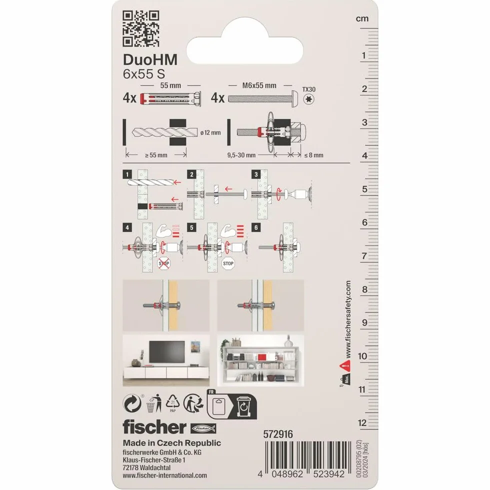 fischer 572916 DuoHM kołki rozporowe, 6 x 55 S TX ze śrubą metryczną i napędem TX do mocowania wsporników telewizyjnych, świateł, półek ściennych itp. w materiałach budowlanych panelowych (4 sztuki)