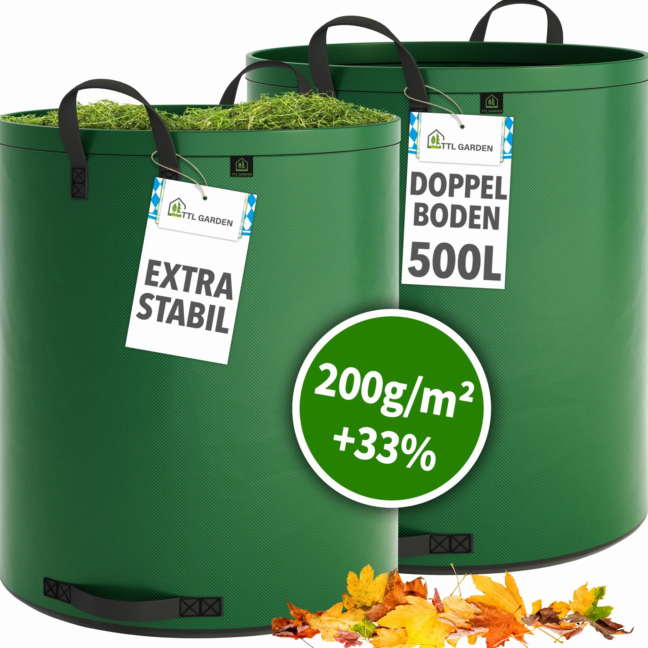 Worek ogrodowy 500 l solidny podwójne dno 200 g/m² odporny na rozerwanie wolnostojący 4 uchwyty zestaw 2 sztuk
