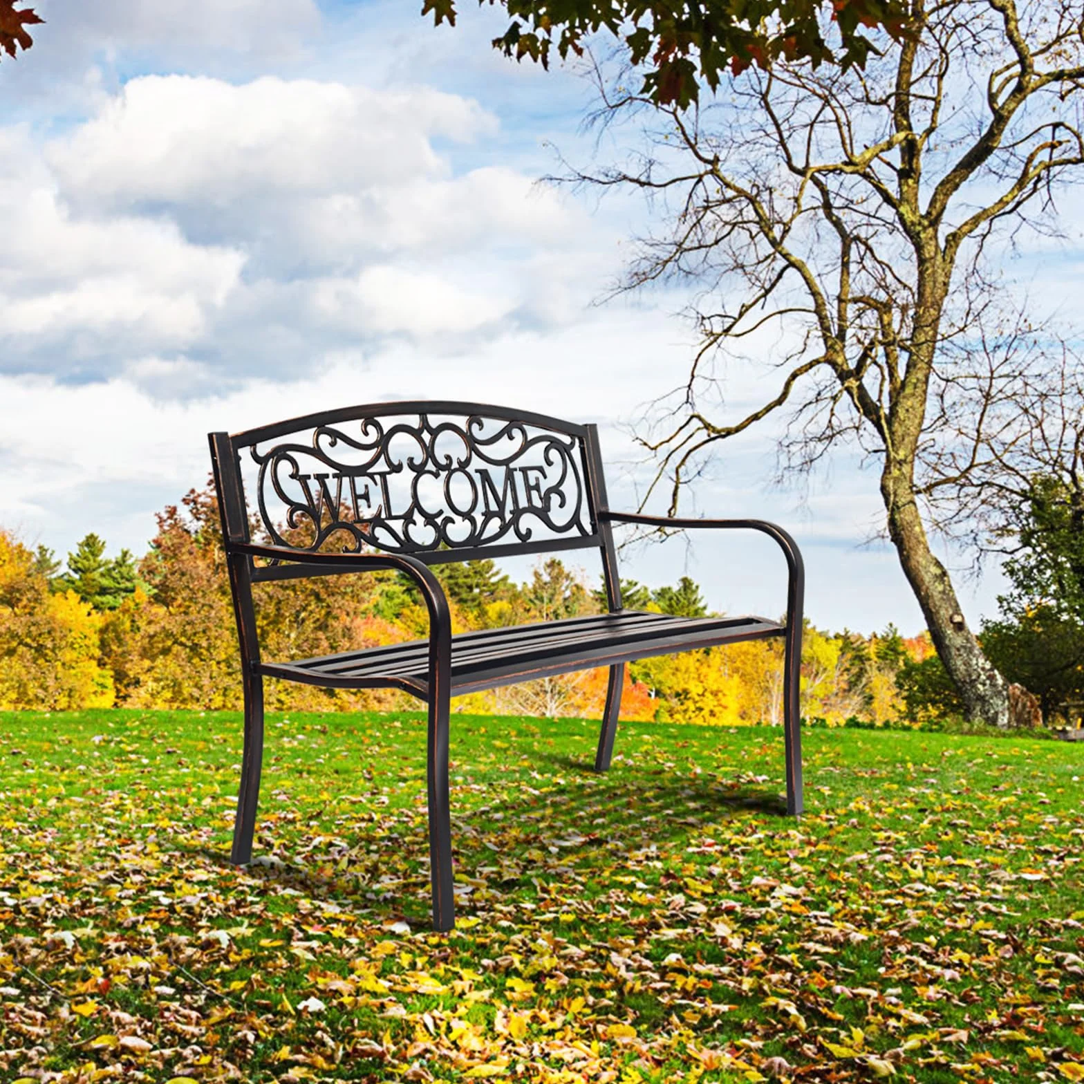 COSTWAY Ławka ogrodowa metalowa żeliwna na 2-3 osoby z oparciem i podłokietnikami 127x63.5x89 cm