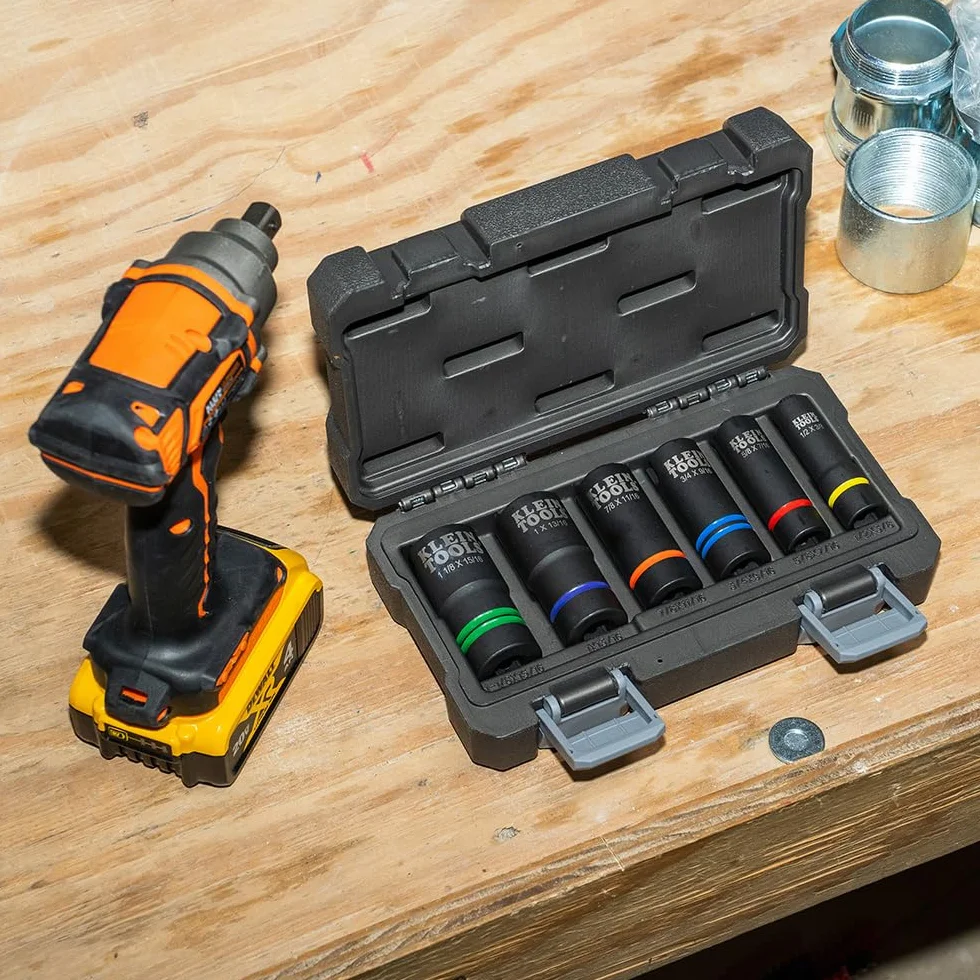 Klein Tools 66090 Zestaw nasadek udarowych 1/2 cala, konstrukcja szczelinowa 2 w 1, 12-punktowe głębokie nasadki, do kluczy udarowych, zawiera walizkę narzędziową, 6-częściowy