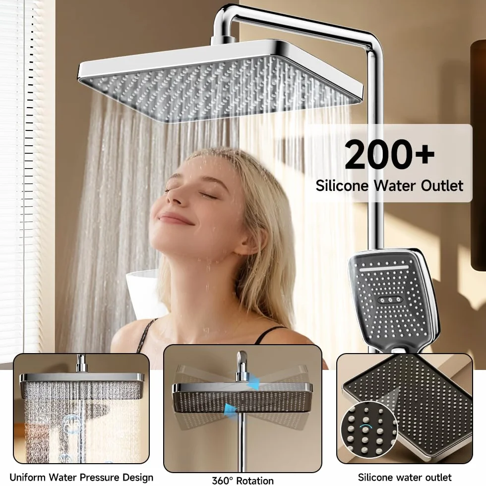 Kolumna prysznicowa z baterią, system prysznicowy z deszczownicą 30x20cm, ukryta wylewka do wanny, cyfrowy wyświetlacz LED, chrom