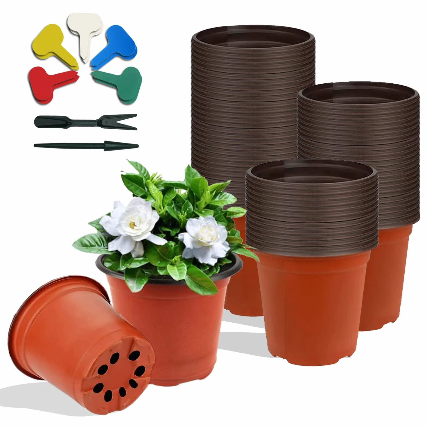 Zestaw 100 doniczek do uprawy 10 cm + 10 markerów + 2 narzędzia do sadzonek, plastikowe, wielokrotnego użytku