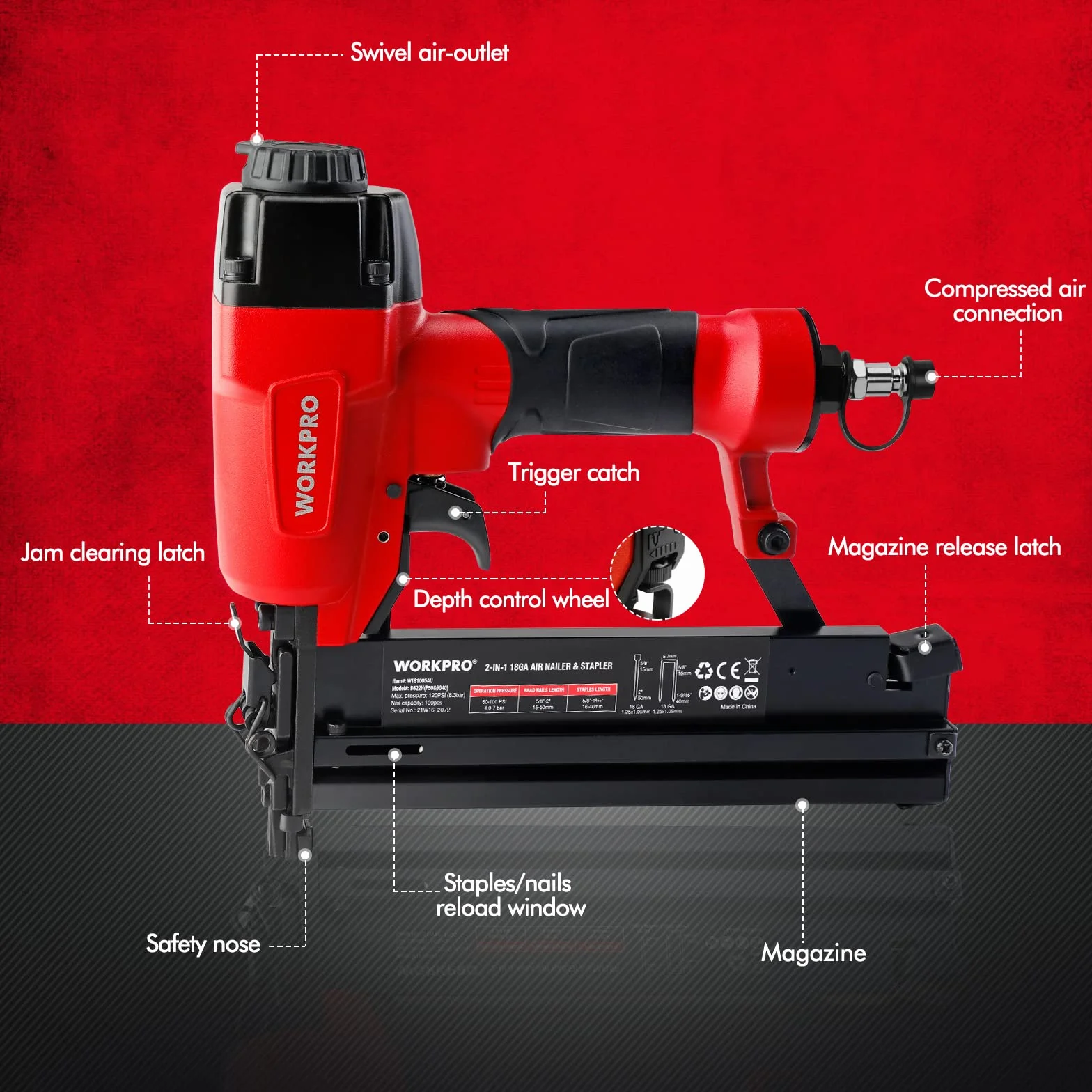 WORKPRO Gwoździarka pneumatyczna 2 w 1, 18GA 9040 / F50 Sprężarka pneumatyczna kompresja powietrza max 7,1 bar z 400 gwoździami i 300 zszywkami, nadaje się do produkcji mebli, dekoracji wnętrz itp