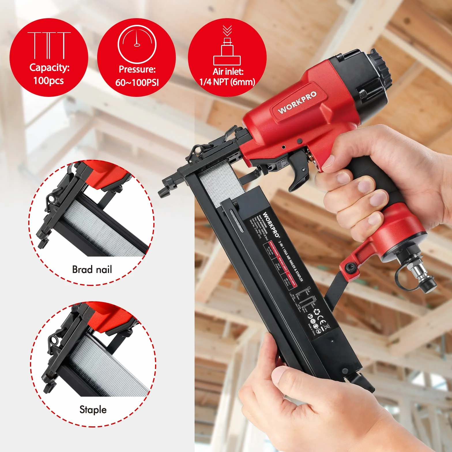 WORKPRO Gwoździarka pneumatyczna 2 w 1, 18GA 9040 / F50 Sprężarka pneumatyczna kompresja powietrza max 7,1 bar z 400 gwoździami i 300 zszywkami, nadaje się do produkcji mebli, dekoracji wnętrz itp