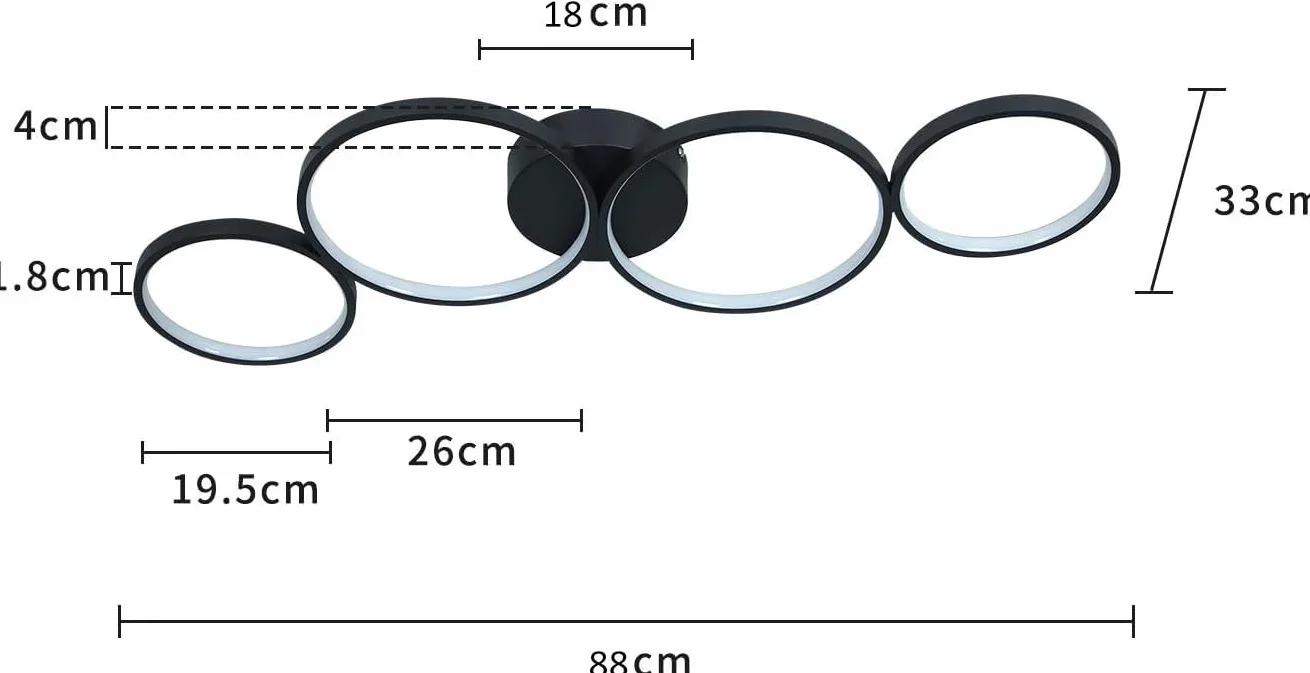 GBLY Lampa sufitowa LED nowoczesna 4 płomienie w optyce pierścieniowej | 3000k biała ciepła lampa sufitowa okrągła 37W wewnętrzna czarna lampa do salonu wykonana - salon przedpokój biuro gabinet