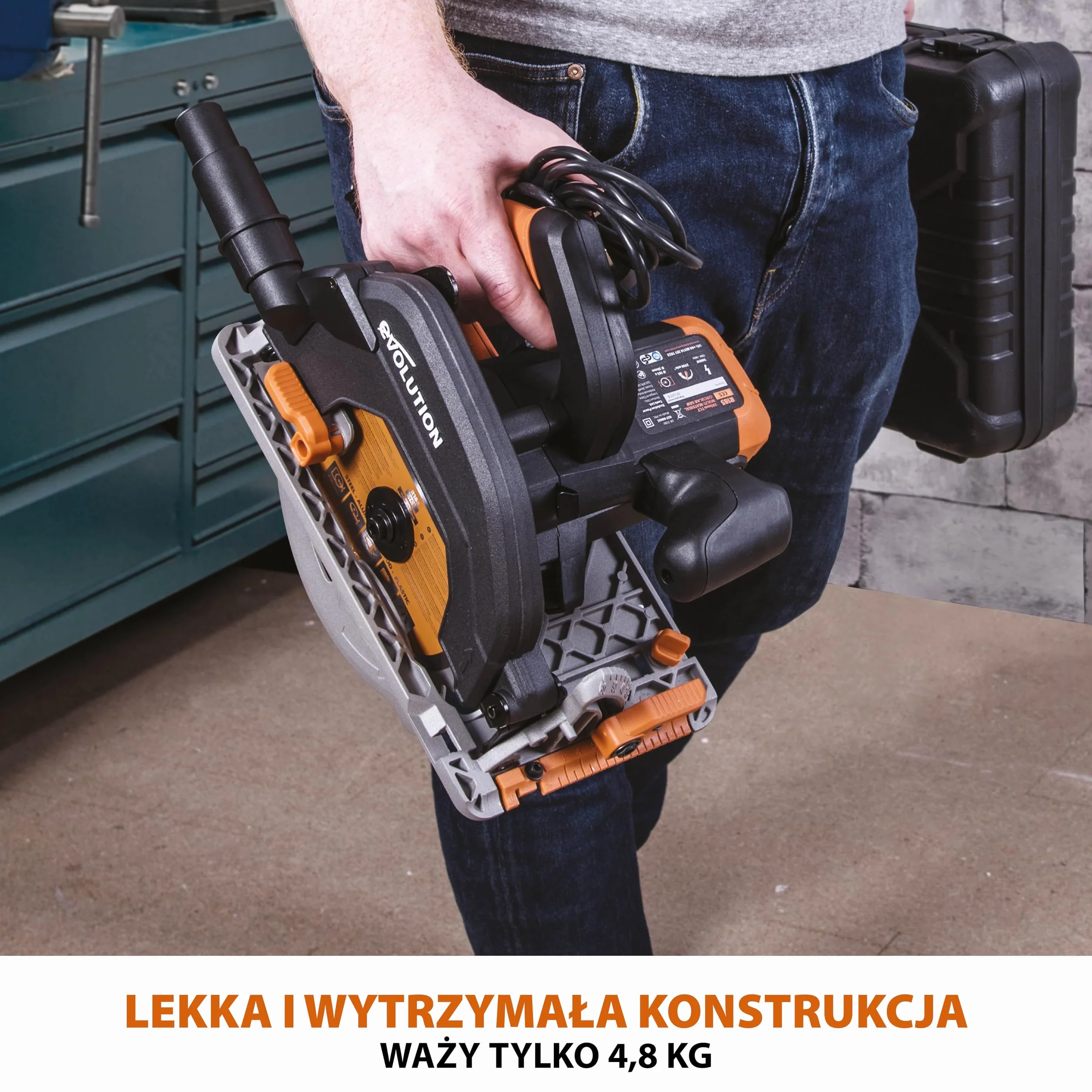 Evolution Power Tools R185CCS Pilarka tarczowa z szyną i tarczą TCT 185 mm do cięcia wielu materiałów: tnie drewno, metal stal aluminium plastik, opcja odchylenia, w zestawie prowadnica