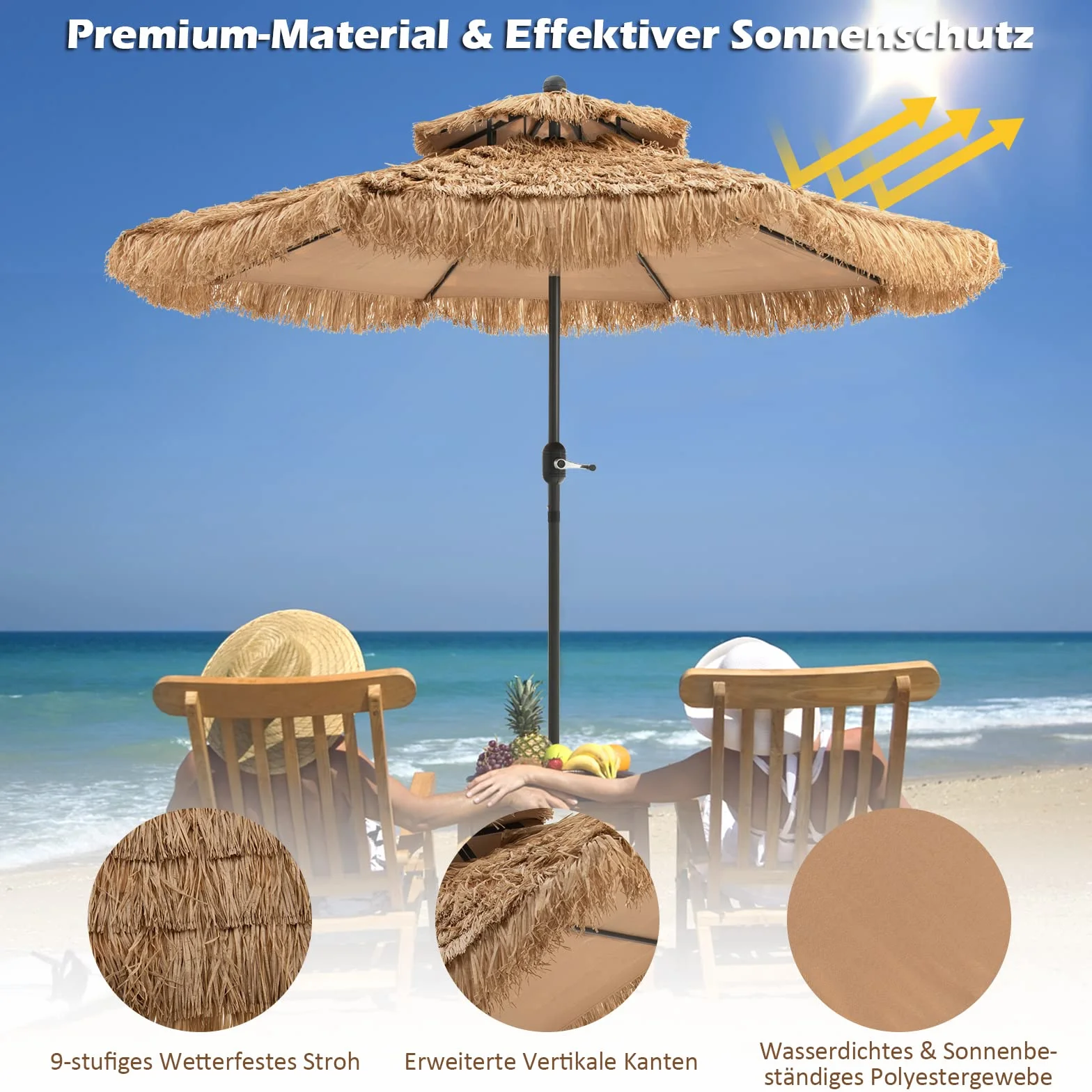 COSTWAY Hawaii parasol przeciwsłoneczny, 270 cm, Podstawa parasola nie jest dołączona, słomkowy parasol z podwójnym dachem, parasol ogrodowy, odchylany, słomkowy parasol plażowy
