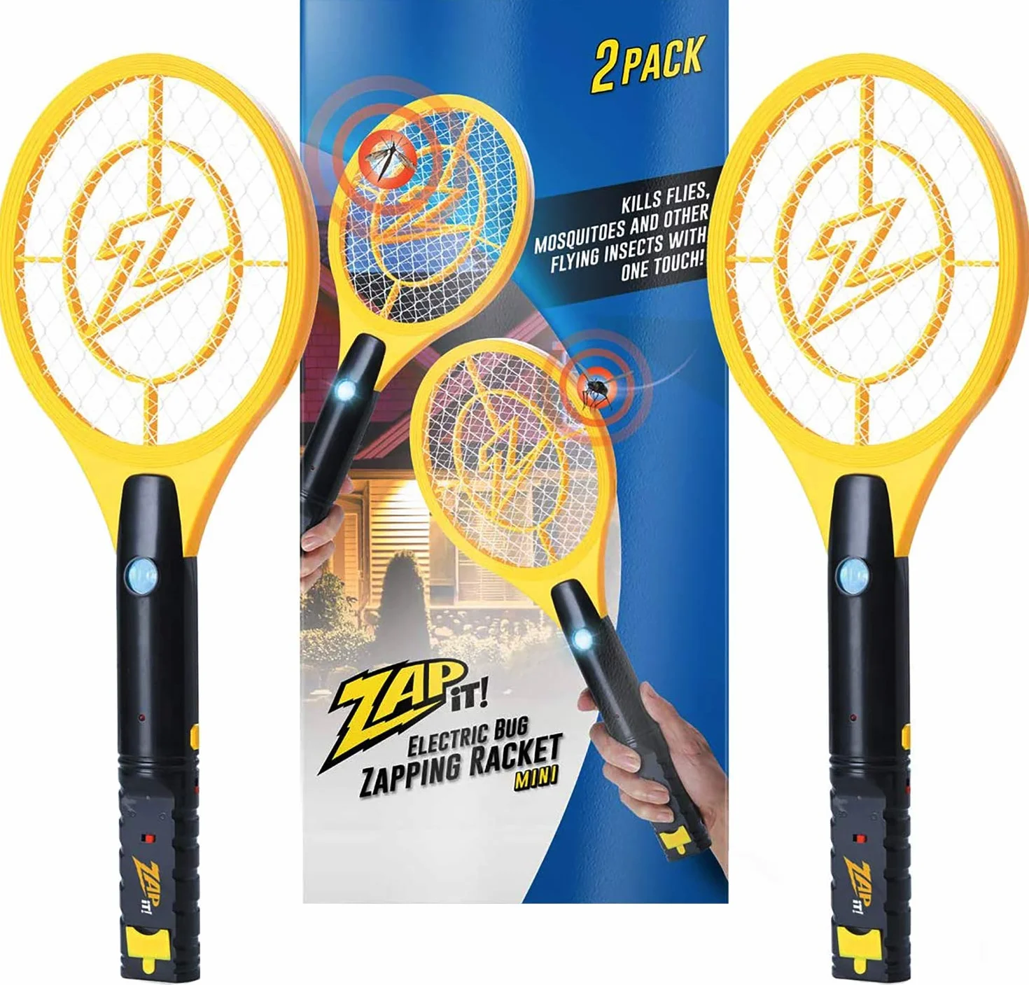 ZAP IT! Bug Zapper dwupak, ładowalna rakieta przeciw komarom, muchy i łapacz owadów, 4000 V, ładowanie USB, super jasne światło LED, które zaskakuje w ciemności, bezpieczne w dotyku (mini, 2 sztuki)