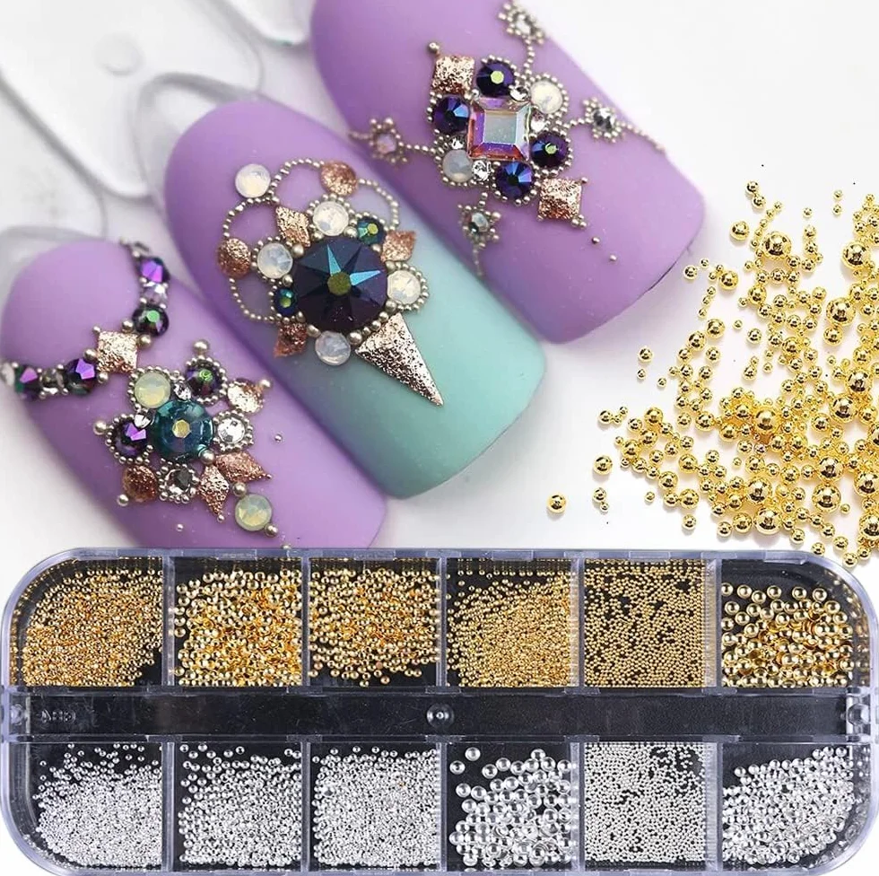 Nailart koraliki do paznokci, 0,3-3 mm, złote srebro, mini kawior, kamienie stras, białe beżowe, mini paznokcie, mikroperły, dekoracja do paznokci