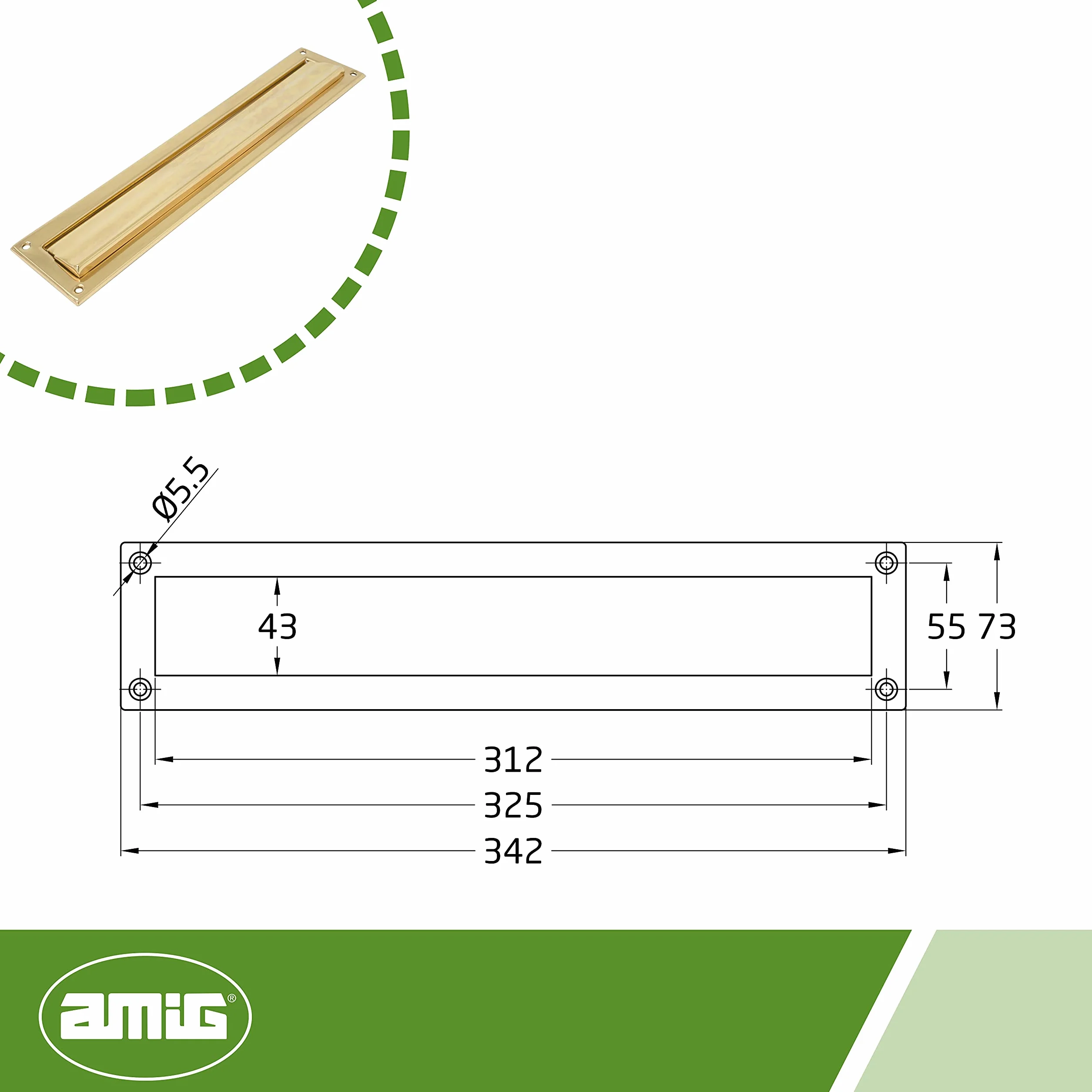 Amig - Szkice pocztowe | do ścian lub drzwi wewnętrznych i zewnętrznych | Zbiorniki mosiężne | 342x73 mm | Pomiar Usty: 246x48 mm | Złoty kolor