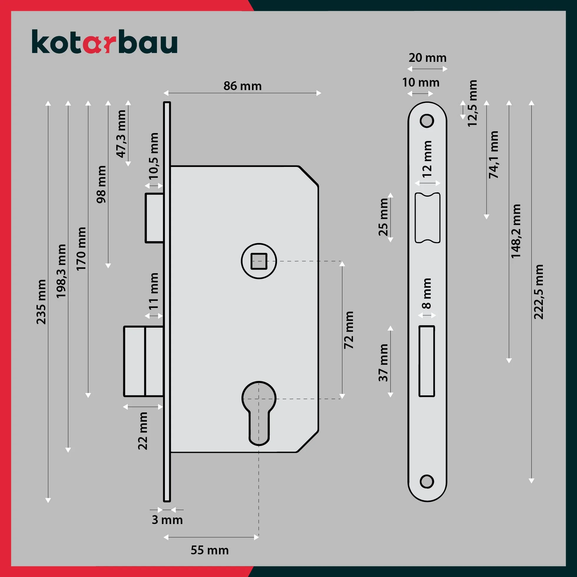 KOTARBAU® Zamek wpuszczany 72/55 mm DIN lewy cylinder profilowy zamek do drzwi drzwi wewnętrznych z płytą oporową ocynkowana stal nierdzewna zamek wpuszczany do bramy ogrodowej zamek do drzwi