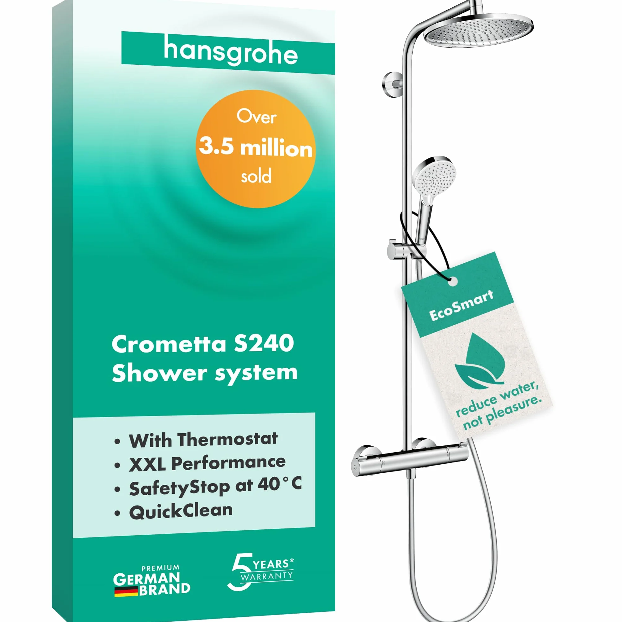 hansgrohe Crometta S - oszczędzający wodę komplet prysznicowy (EcoSmart) z termostatem, zestaw prysznicowy z główką prysznicowa, wąż, szyna i deszczownica okrągła (⌀ 240 mm), chrom, 27268000