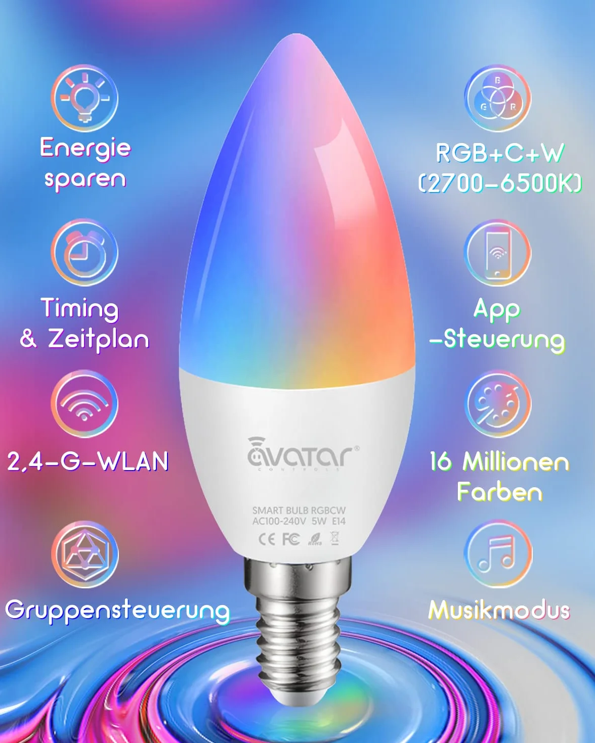 Żarówka LED Alexa E14, 5 W, 500 lm, C37, Wi-Fi, żarówka E14, ciepła biel i zimna biel, możliwość ściemniania, RGB LED, synchronizacja muzyki, pilot zdalnego sterowania, kontrola głosu, harmonogram i