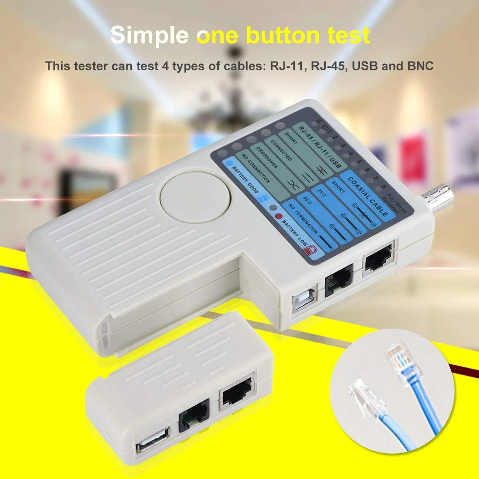 Optimal Shop Tester Kabli Sieciowych 4 w 1 Kabel LAN RJ45/RJ11/USB/BNC Tester Przewodów Cat5 Cat6, Narzędzie do Testowania Przewodów, Ergonomiczna, Przenośna Konstrukcja Podręczna