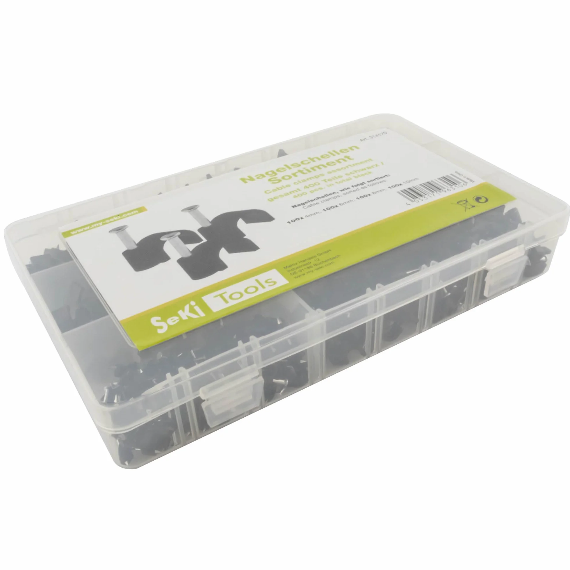 SeKi Opaski do paznokci asortyment 400 sztuk (100 x 4 mm, 100 x 6 mm, 100 x 8 mm, 100 x 10 mm) czarne obejma kablowa mocowanie do kabli uniwersalna obejma wraz z gwoździem
