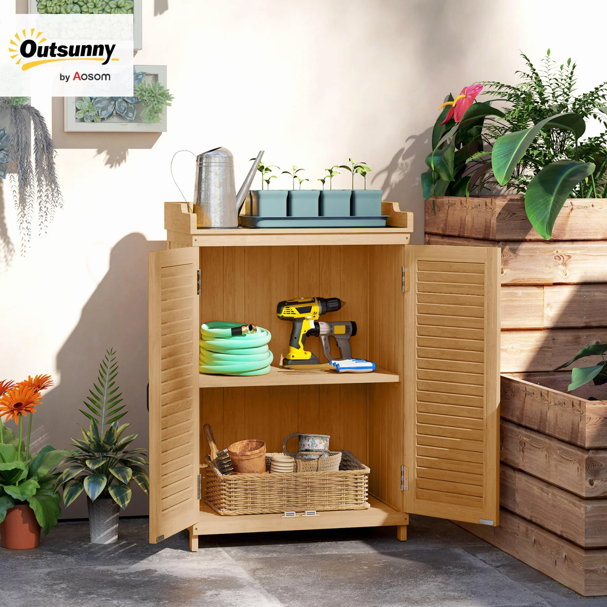 Outsunny Drewniana szafka ogrodowa szopa na narzędzia odporna na warunki atmosferyczne 65,5 x 40 x 98,5 cm z drzwiami lamelowymi